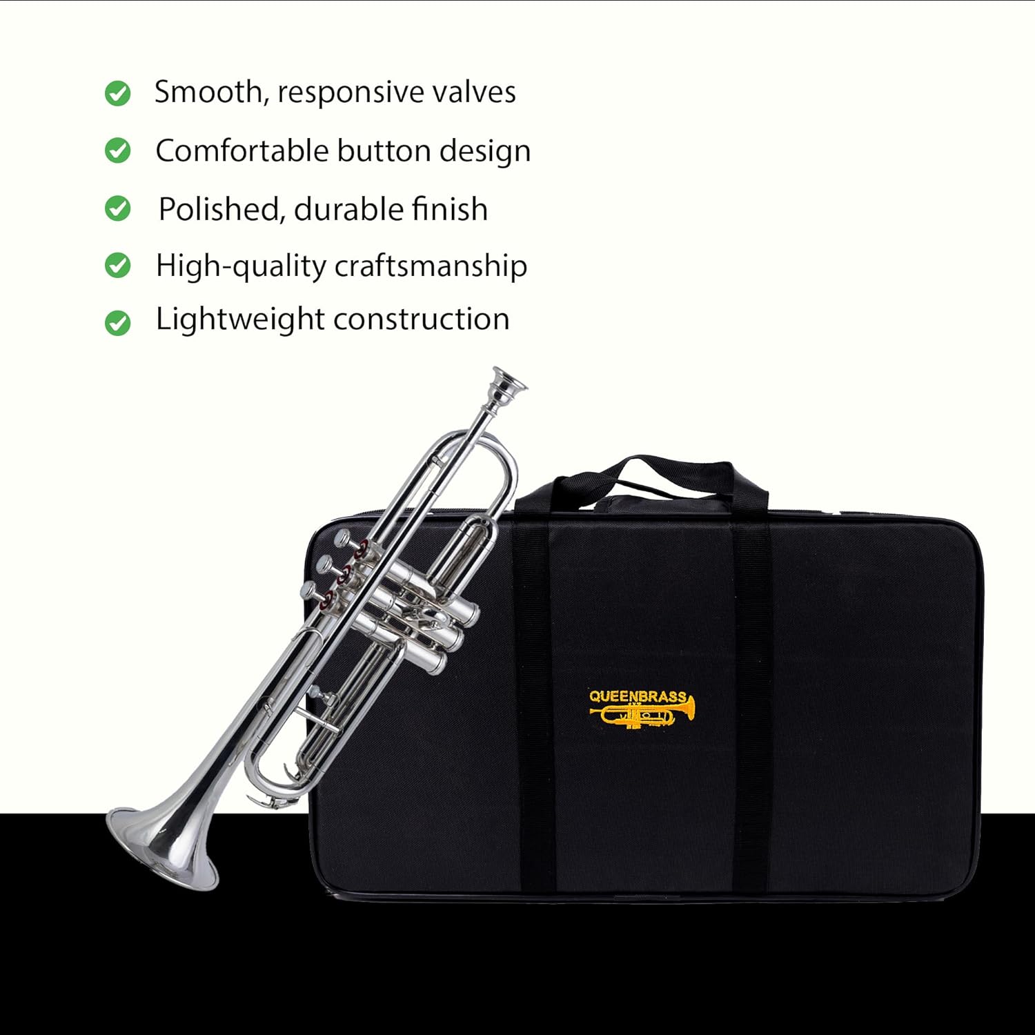 Queen Brass Bb Trumpet Chrome Finish Brass Body with 7C Mouthpiece and Hard Case for Beginners and Students Band Rehearsals School Performances Practice
