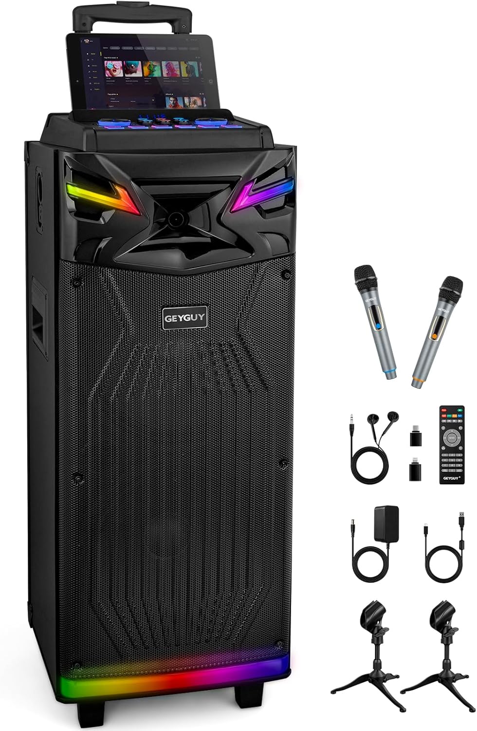 GTSK210‑1 Karaoke Machine for Adults with 2 Wireless Microphones, Portable Bluetooth Singing Speaker, PA System Treble & Bass, Live Streaming, Support USB/AUX/TF Card for Home Party Outdoors