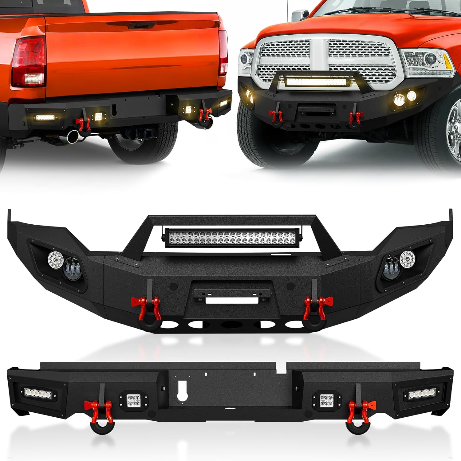Front and Rear Bumpers Compatible with 13-18 Dodge Ram 1500(Exclude Rebel) & 19-24 Ram 1500 Classic with Winch Plate, Paintable Armor, Sensor Holes, License Plate Bracket & D-rings