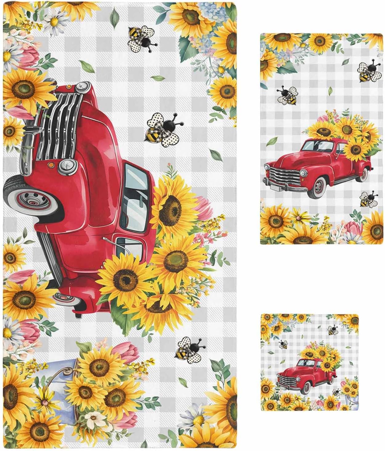 Spring Sunflowers Bath Towels Set of 3 for Bathroom,Soft Absorbent Shower Beach Hand Face Hair Yoga Workout Gym Towel Dish Wahcloth,Car Bee Farmhouse Pastoral Rustic Quick Dry Kitchen Bath Towels+Set