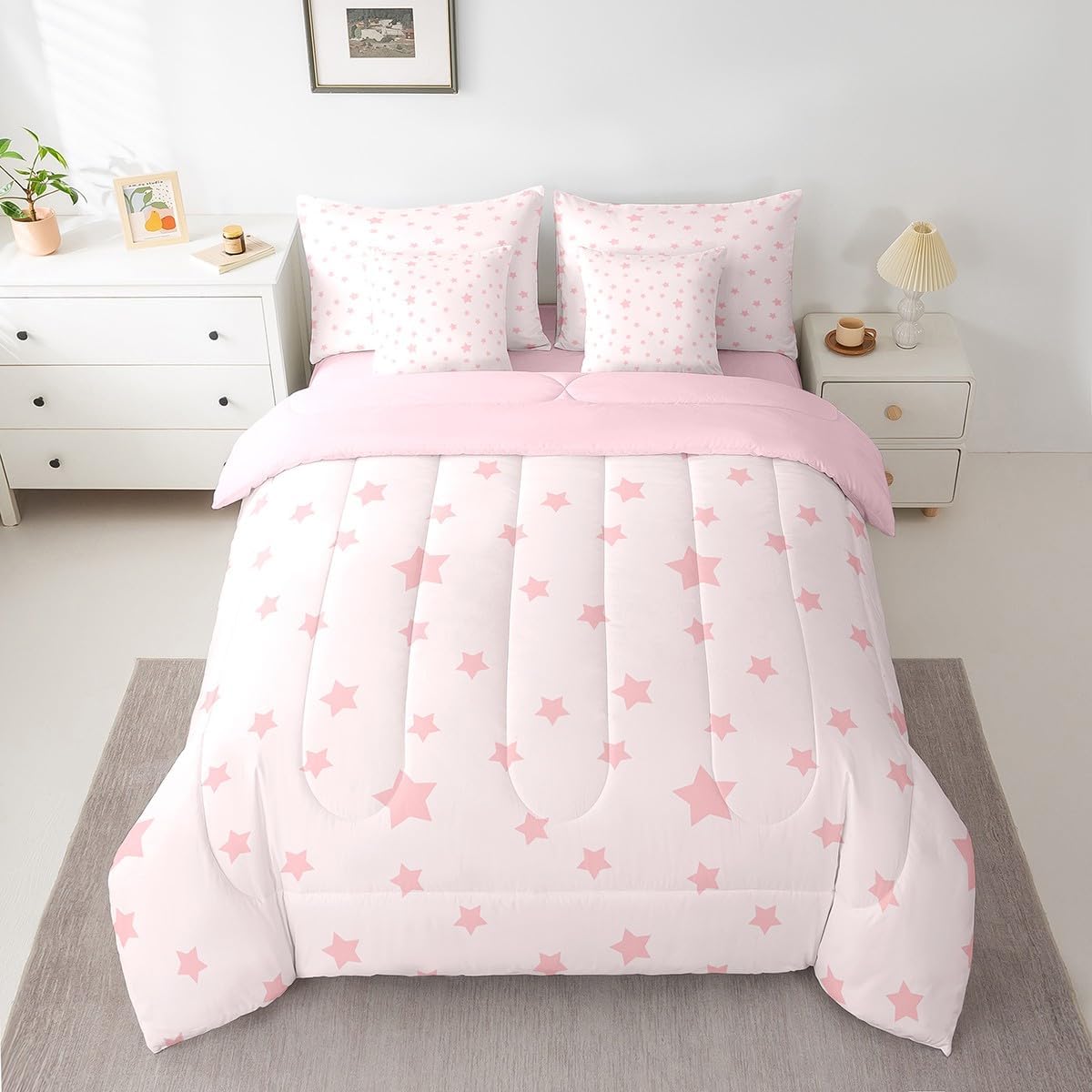 7 Pcs Pink Stars Kids Comforter Full,Cartoon Starry Sky Princess Dreamy Girls Women Bedding Set,Geometric Stars Patchwork Girly Romantic（Comforter+Fitted+Flat+2 Pillowcases+2 Throw Pillow Covers）