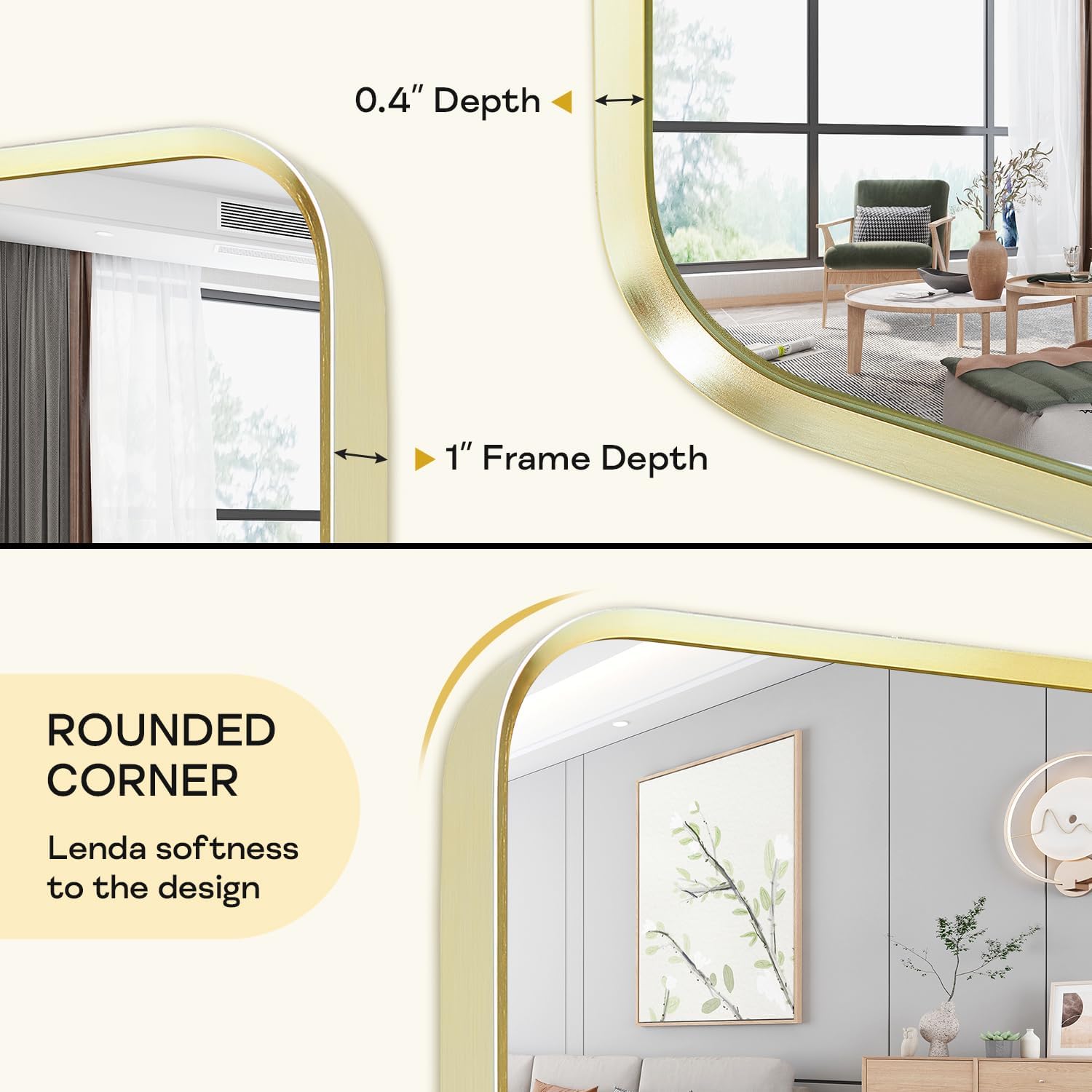 Wall Mount Mirror for Bathroom, Brushed Gold Metal Framed Rounded Corner Rectangular Vanity Mirror (24