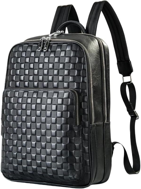 Genuine Leather Sling Backpack Vintage Water-resistant Laptop Bag Plaid Travel Business Crossbody Daypack Gift Box (Black)