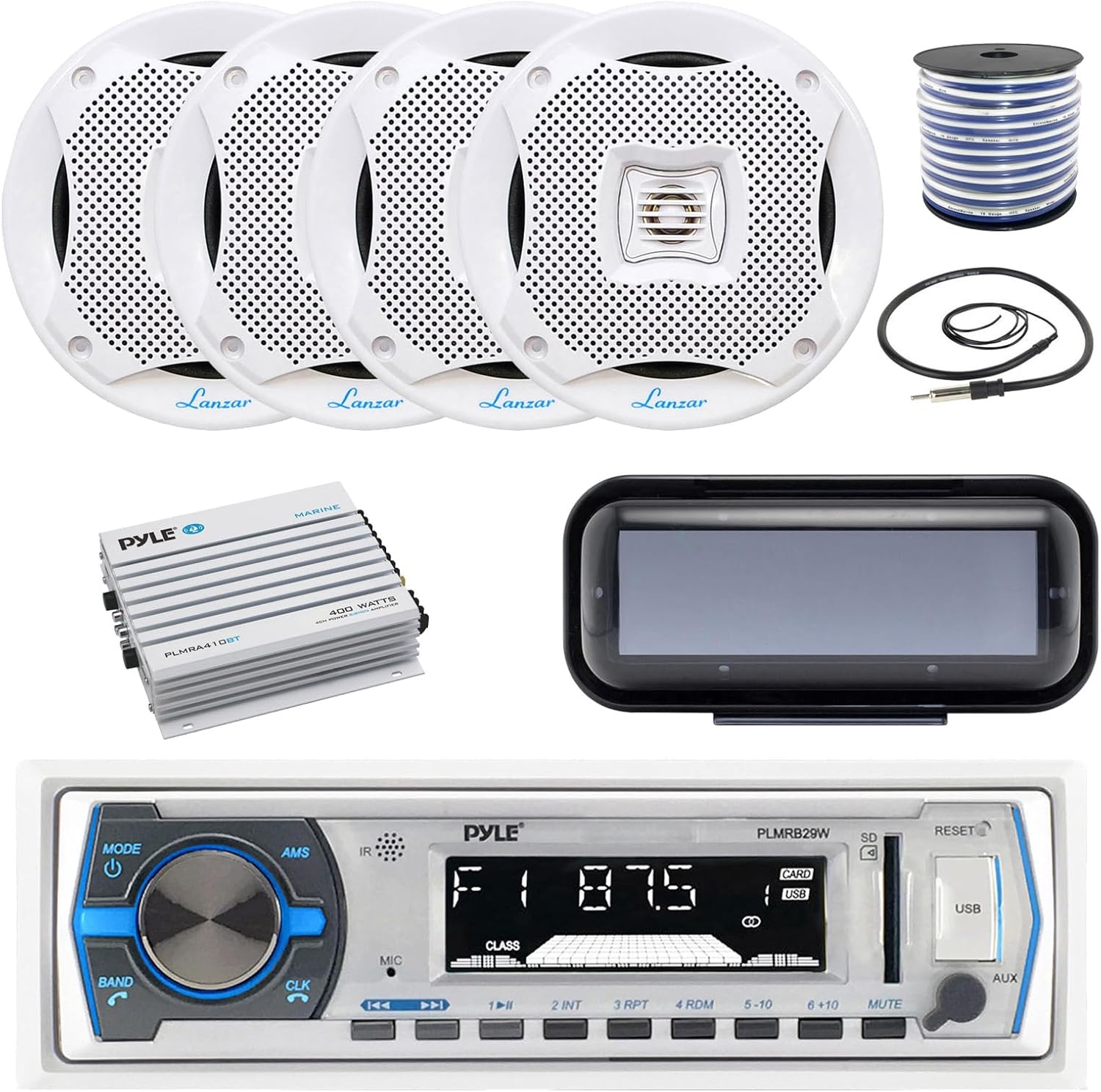 Pyle in-Dash Marine Boat AM/FM USB AUX Radio Headunit Receiver Bundle Combo with 4 x 6.5'' 2-Way White Audio Speakers, 4-Channel Waterproof Amplifier, Radio Shield, Speaker Wire, Antenna