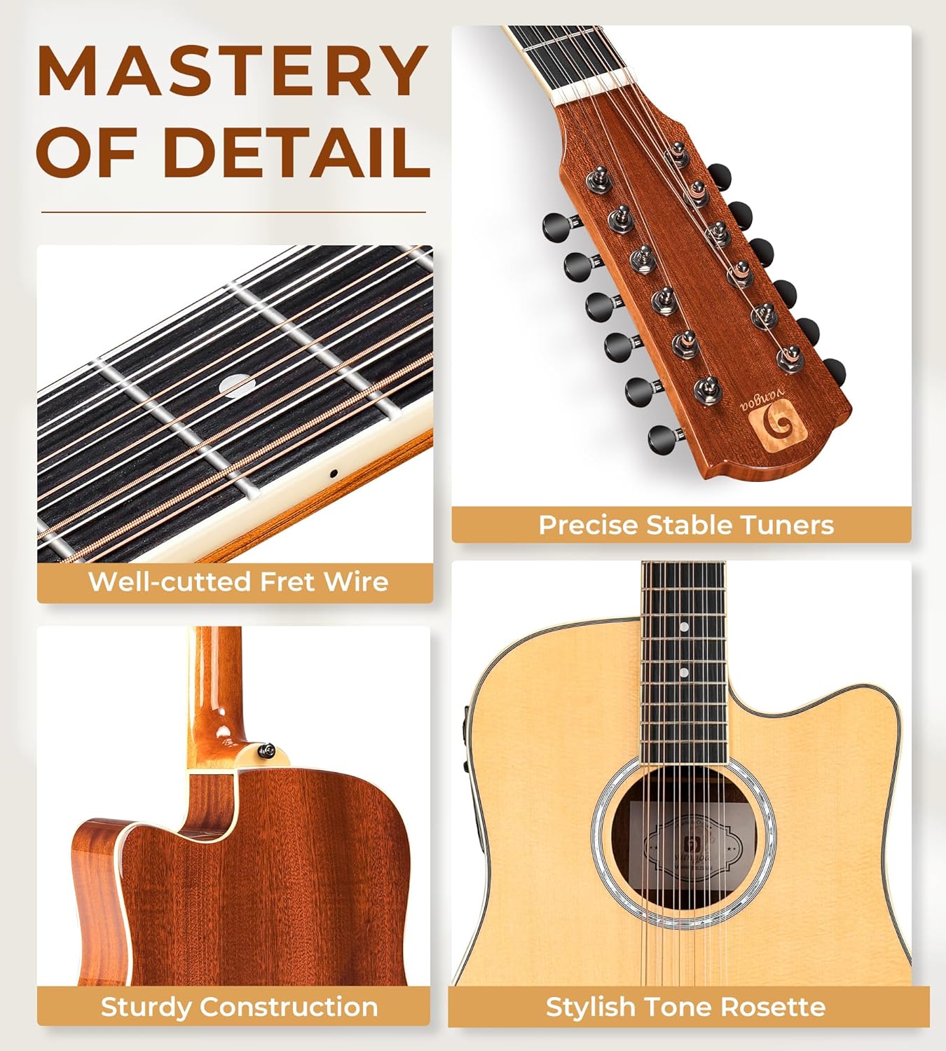 Vangoa 12 String Guitar, Acoustic Electric Guitar 12 Strings, Spruce Top, Sapele Body, Bone Nut, Natural, Gloss