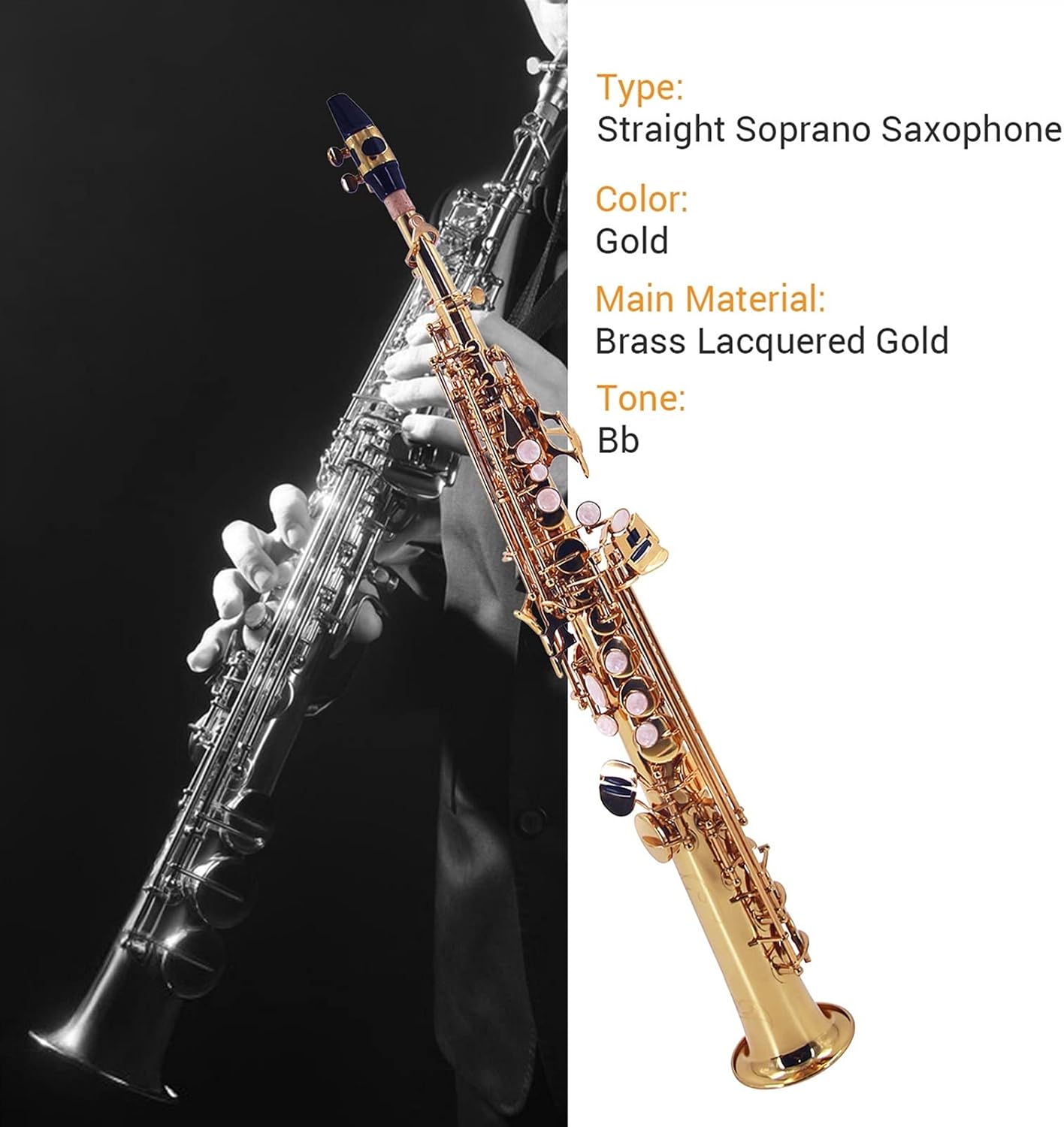 Straight Bb Saxophone Brass Saxophone Gold Lacquer Woodwind Instrument with Carrying Case Reed Brush Cleaning Cloth Student Saxophone