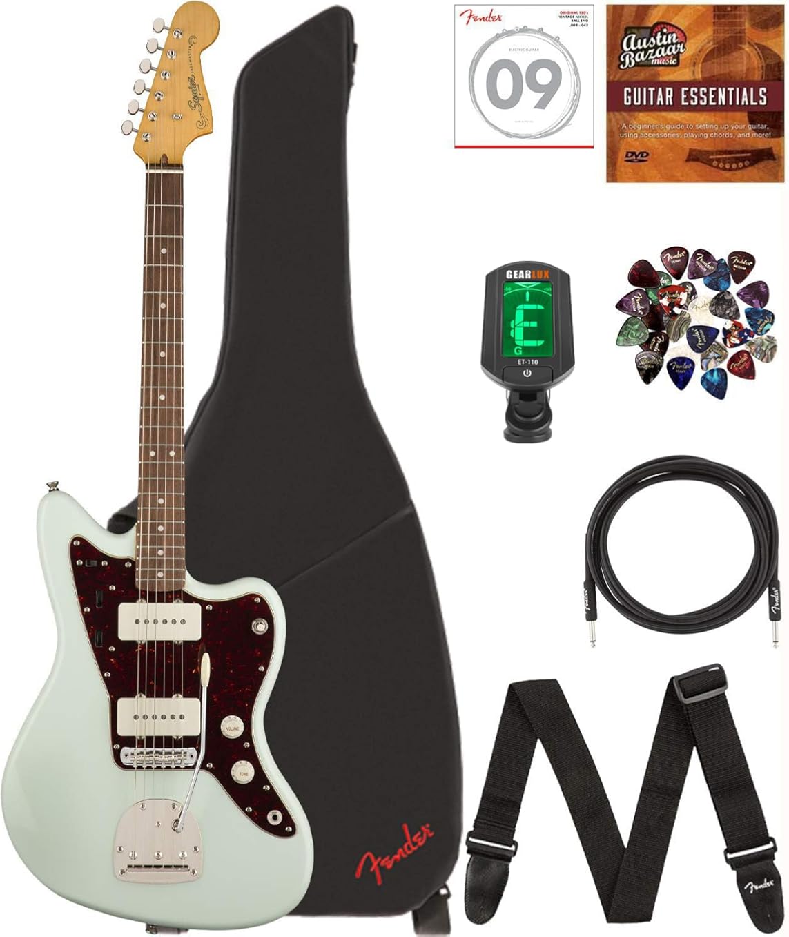 Fender Squier Classic Vibe '60s Jazzmaster - Sonic Blue Bundle with Gig Bag, Instrument Cable, Tuner, Strap, Strings, Picks, and Austin Bazaar Instructional DVD