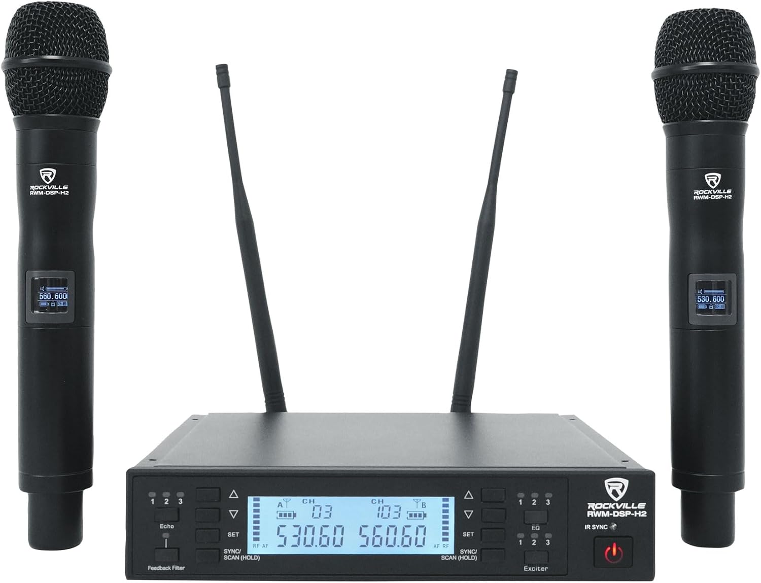 Rockville RWM-DSP-H2 Dual Handheld UHF Wireless Microphone System, DSP Control, Adjustable EQ, Delay, Feedback Filter, OLED Display, 200 Channels, 400-600 ft Range, Includes 2 Mics & Rack Mount