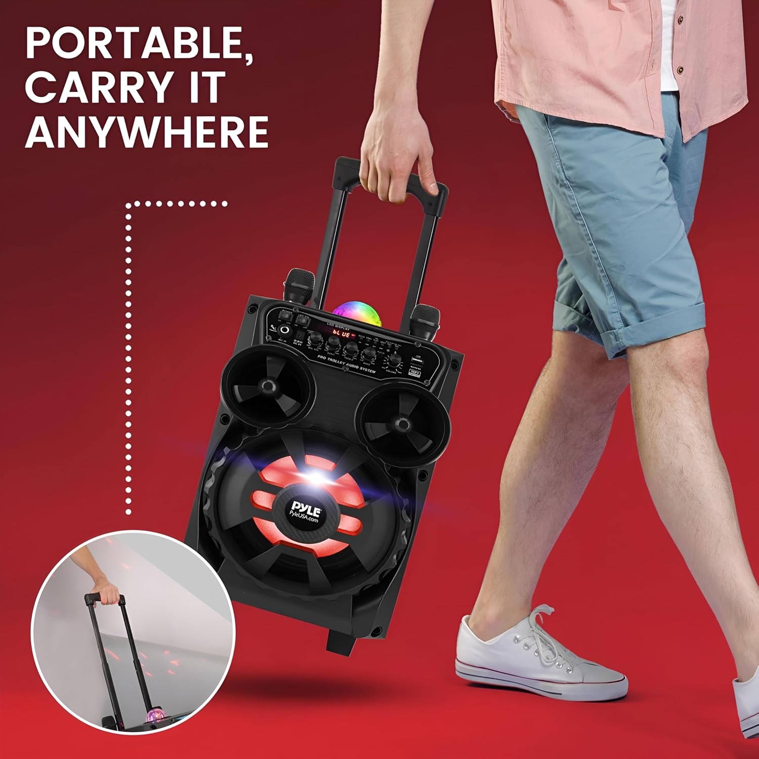 Pyle Portable Bluetooth PA Speaker - 580W 8” Rechargeable Outdoor BT Karaoke Audio System - TWS, Disco Party Lights, LED Display, FM/AUX/MP3/USB/SD, 6.5mm in, Trolley, Wheels - Wireless Mic, Remote