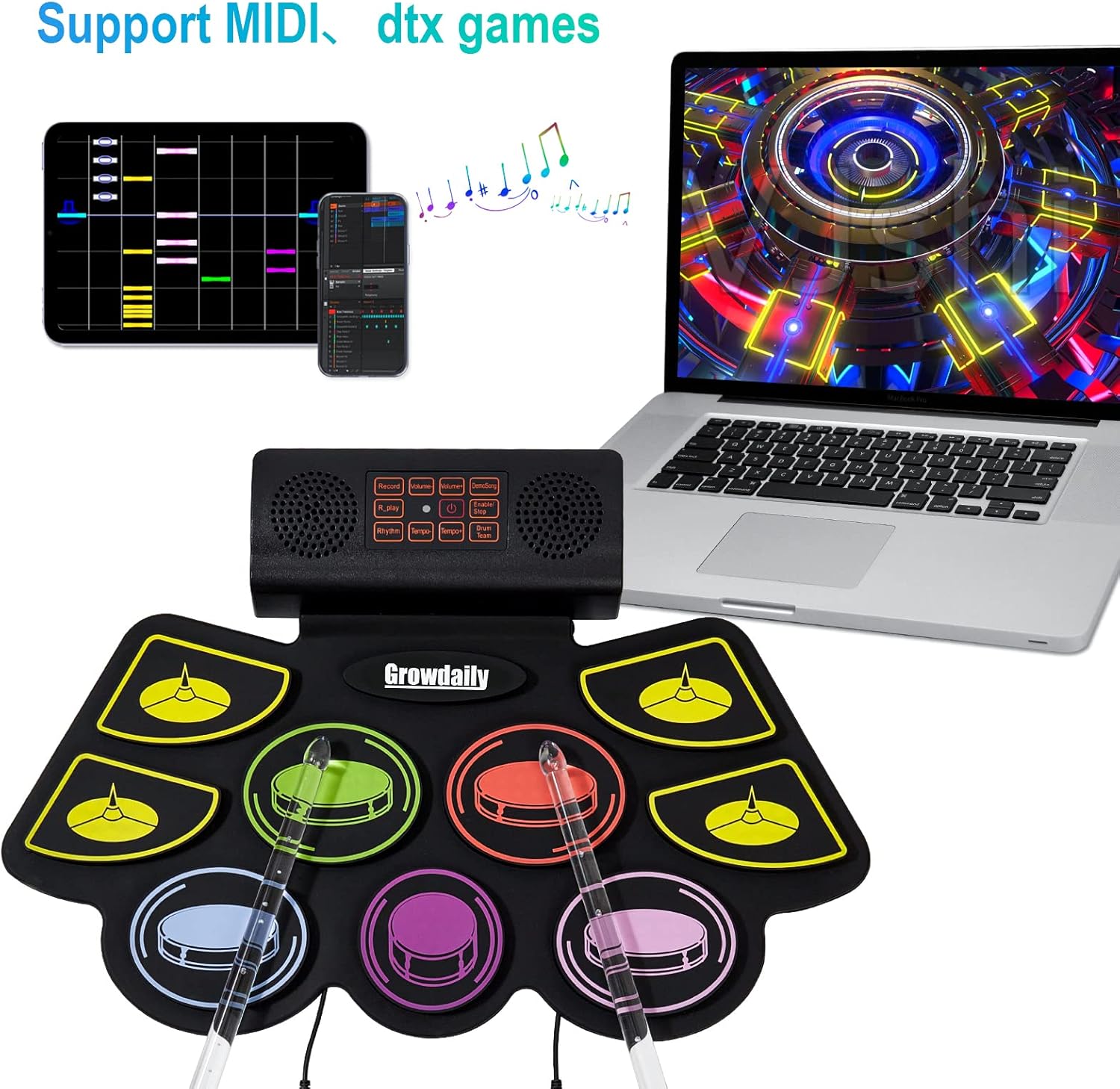 Electric Kids Drum Set,Electronic Drum Set Practice 9 Pads With Stand,Music Recording,Light Up Drum Sticks,Drum Pedal,Midi,Dual Stereo Speaker(Rainbow)