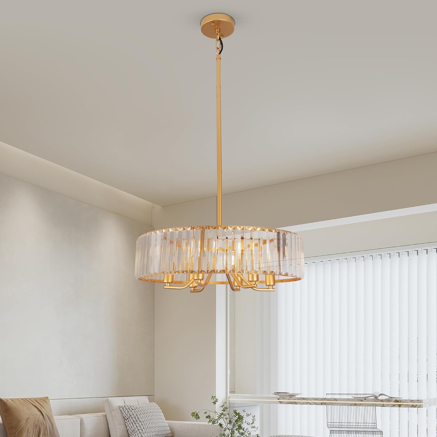 Gold Crystal Chandelier for Dining Room, 6-Light Modern Semi Flush Mount Chandelier Lighting Fixtures, Round Kitchen Hanging Drum Pendant Lights Ceiling for Bedroom Entryway Foyer, E12 Base, 19.7 Inch