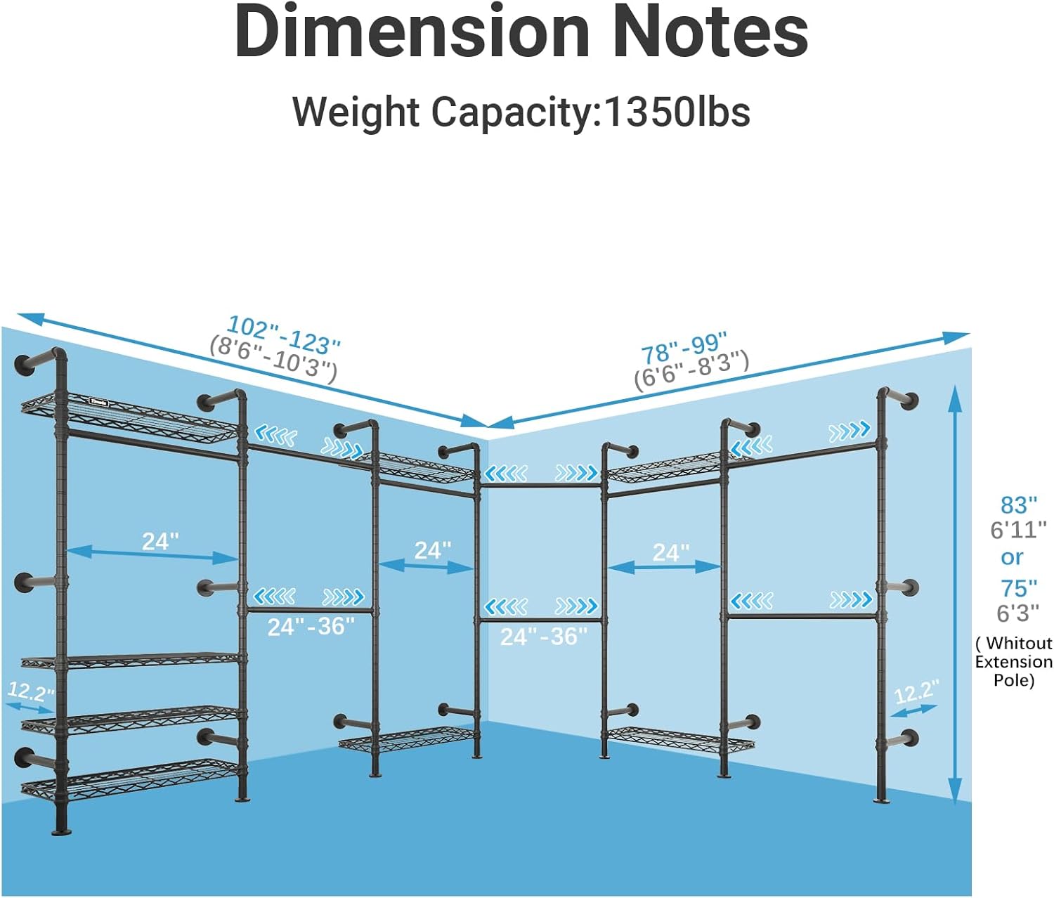 Timate L6 Closet Rack Wall Mount for Corner - Expandable Industrial Pipe Closet , Heavy Duty Hanging Garment Rack, Closet Organizer Storage Solution for Wardrobe, Bedroom, Walk-in Closets, Black