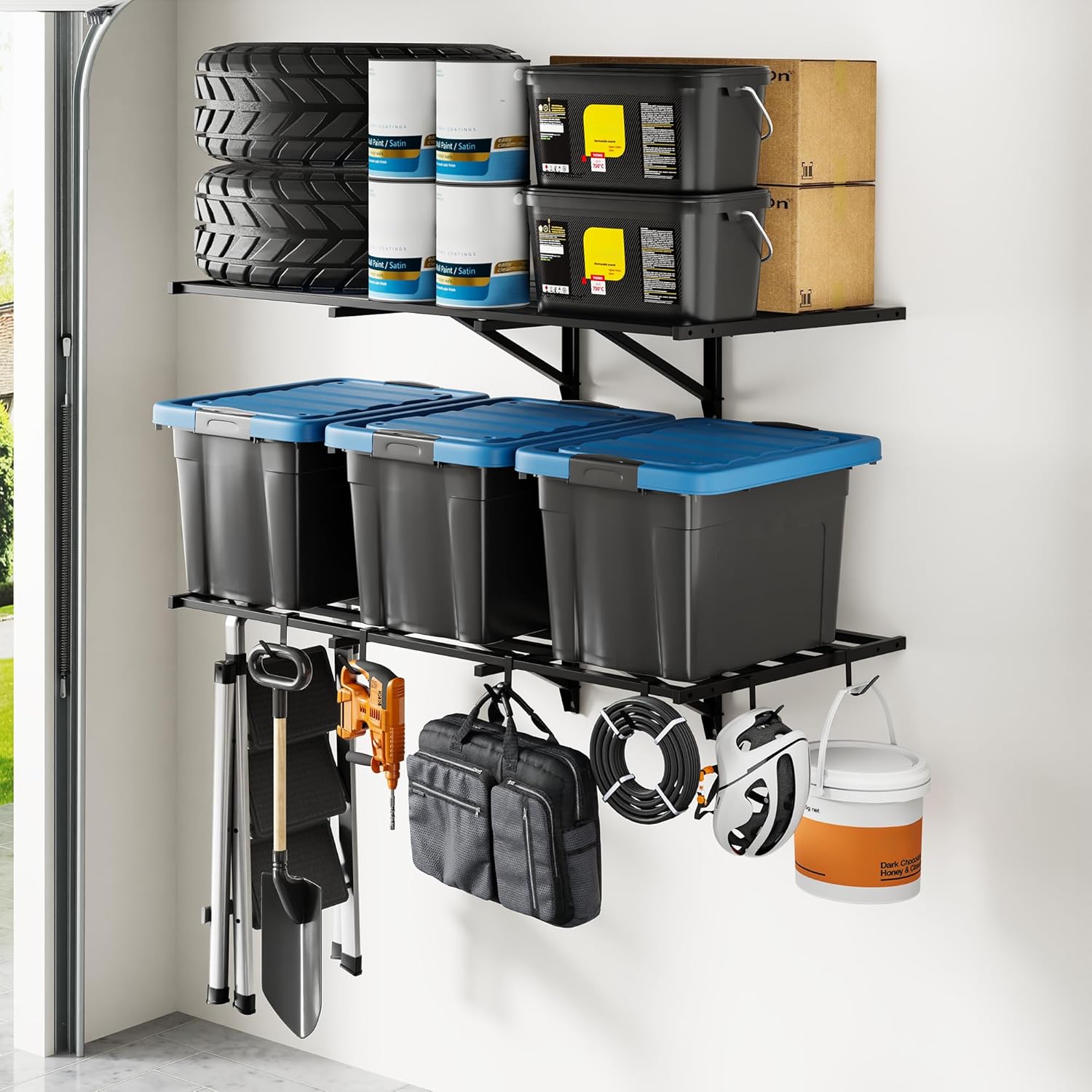 FLEXIMOUNTS 2-Pack 2x4ft Heavy Duty Garage Wall Shelving, 800lbs Capacity, Garage Shelving Wall Mounted with 8 Hooks for Power Tools, Garden Supplies, Storage Bins, Pro Series