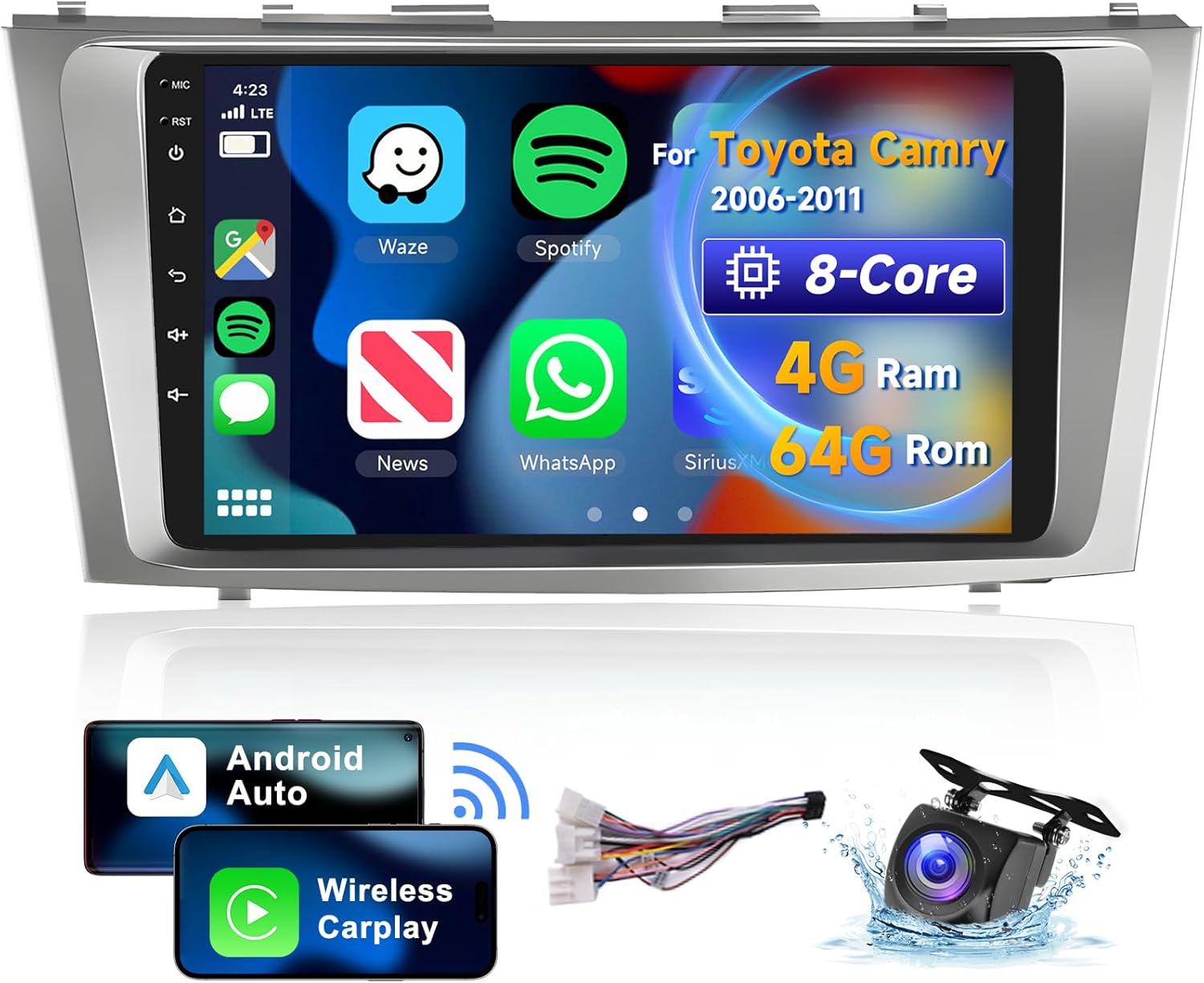 [8 CORE 4G+64G] for Toyota Camry 2006-2011 Car Radio with Wireless Carplay/Android Auto, 9 Inch Android 13 IPS Touch Screen Car Stereo, Bluetooth, GPS, WiFi, SWC, DSP + HD Backup Camera