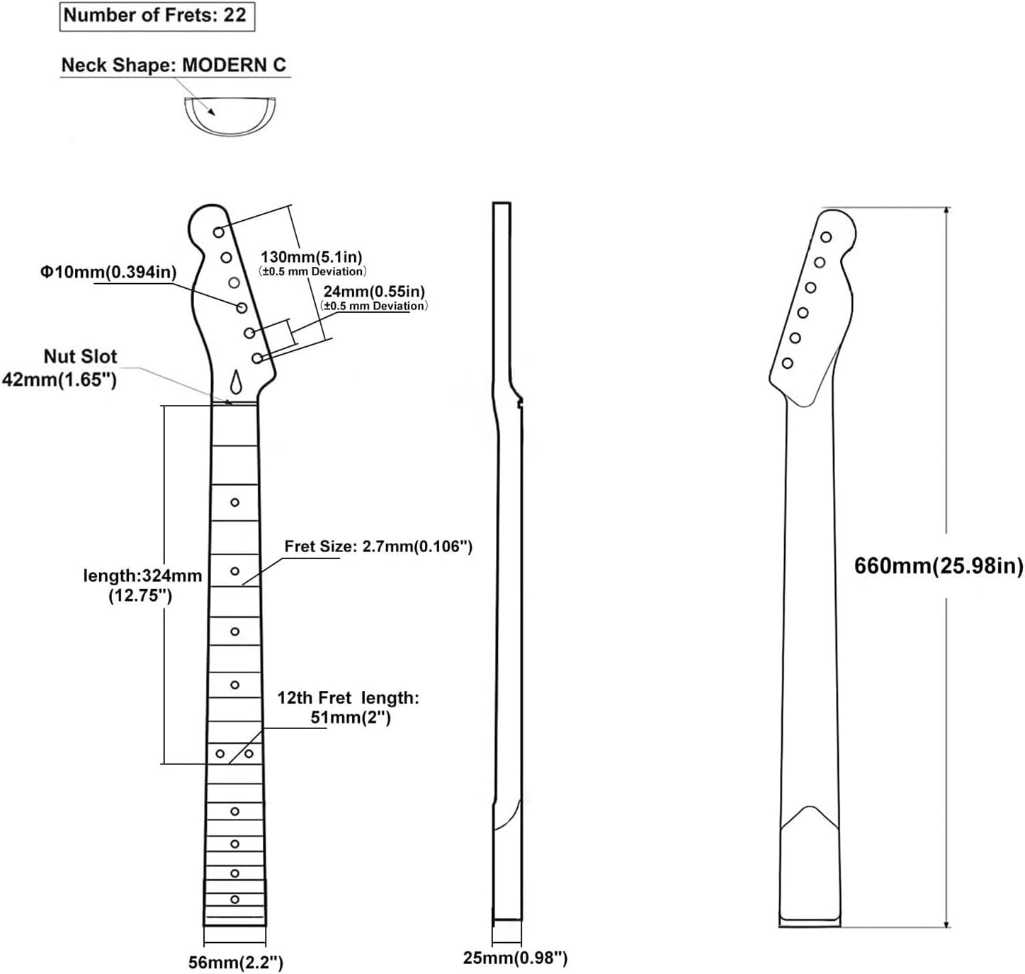 22 Fret Left-Hand Electric Guitar Neck (Maple Headstock, Rosewood Fretboard) – Black Replacement for TL Style Guitars