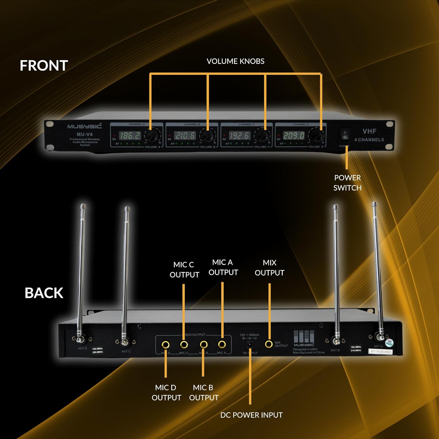 MUSYSIC Wireless Microphone System Wireless VHF Lapel Lavalier Headset, Transmitter and Receiver Advanced SM Technology 1/4” Output Individual Frequency & Volume Control – 4 Channel