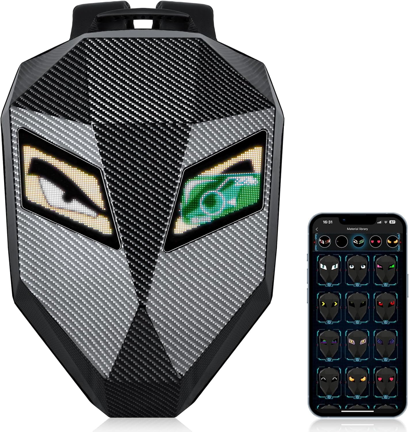 19inch LED Motorcyle Knight Backpack for Men,Hard Case Riding Backpack Motorbike Laptop Bag Waterproof, DIY Programmable Full Color Display & Eyes