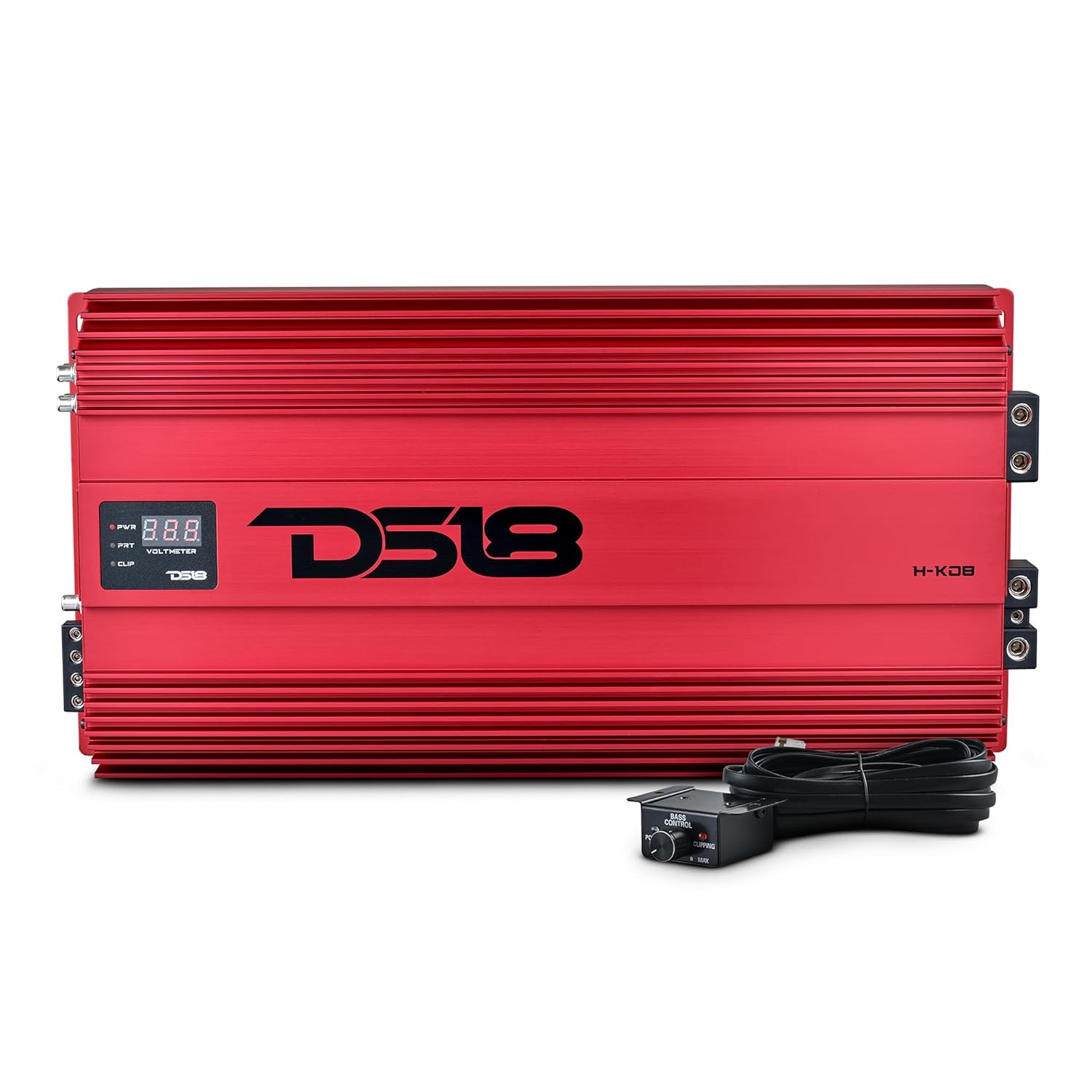 DS18 H-KO8/RD Korean Half Bridge 1-Channel Monoblock Amplifier with Voltmeter and Clip Indicator, 8000 Watts RMS - High-Performance Car Amp, Remote BASS Knob Included
