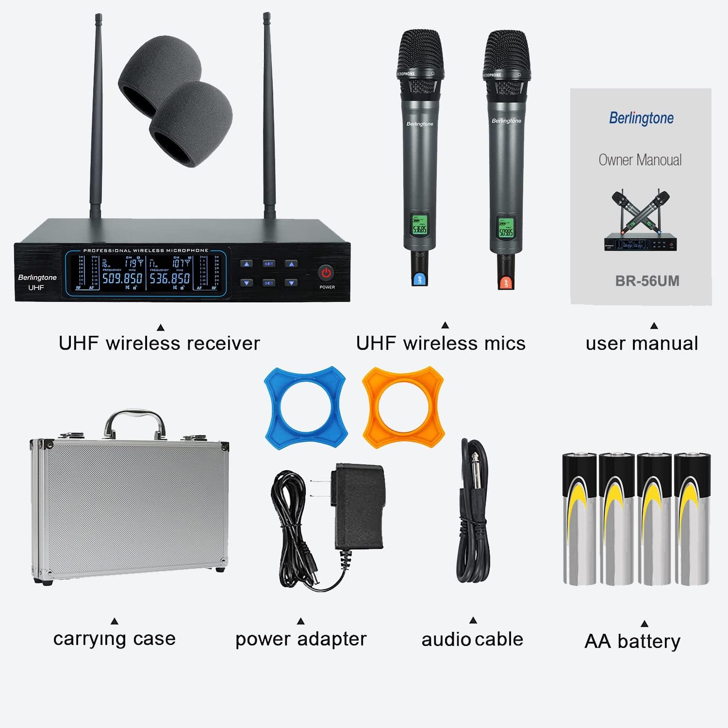 Berlingtone Wireless Microphone System, 2 Handheld Dynamic Microphones,120- Adjustable Frequency Channel, Metal case and mic for Karaoke, Meeting, Party, Church, DJ, Wedding, up 260ft Range (BR-56UM)
