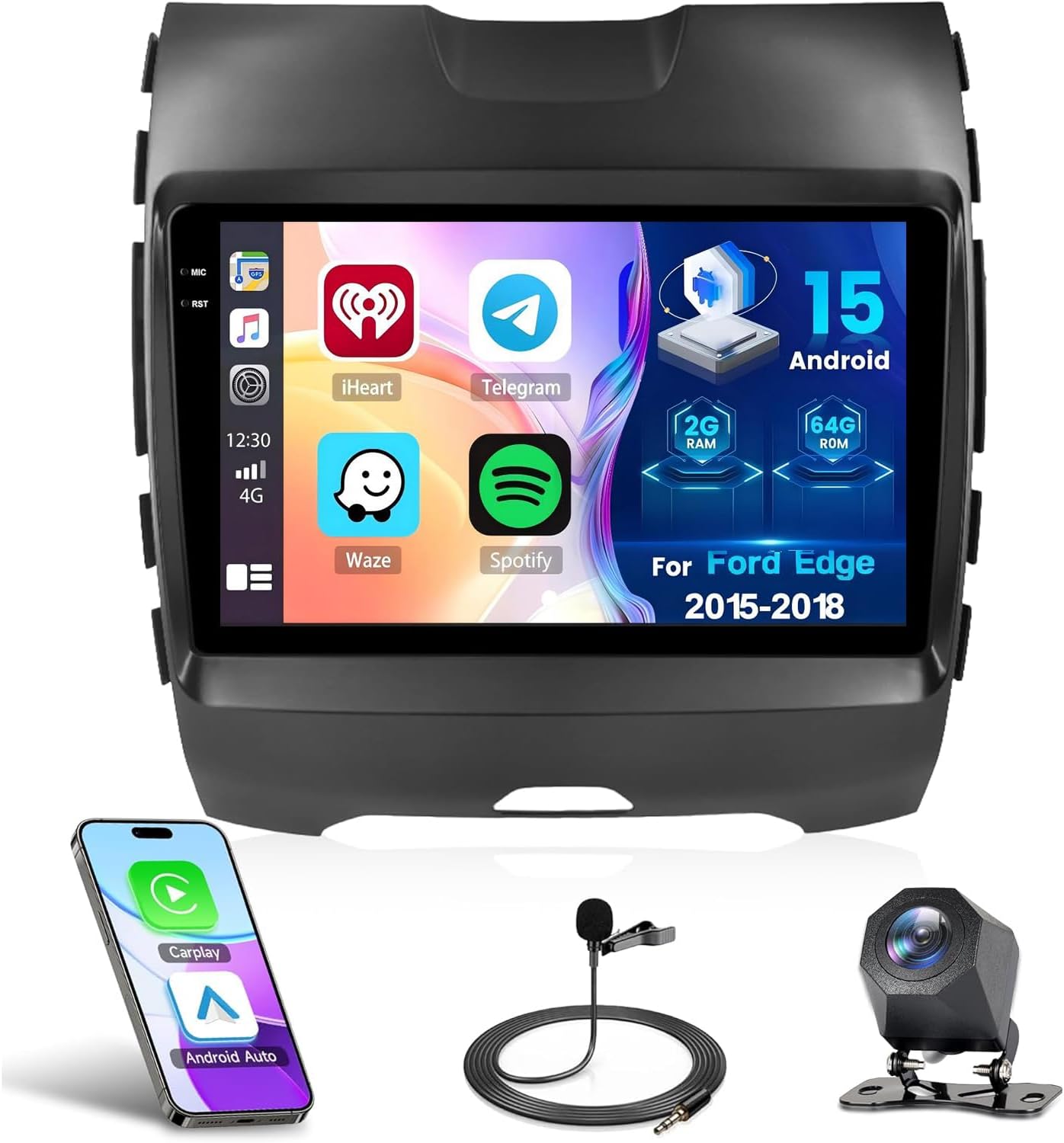 4Core 2G+64G Android Car Stereo for Ford Edge 2015-2018, Update 9 Inch Touch Screen Car Radio with Carplay GPS WiFi Bluetooth FM Mirror Link Android Auto Backup Camera