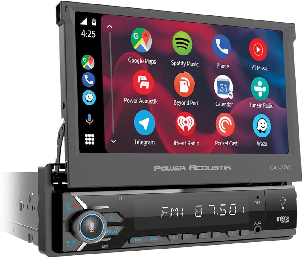 Power Acoustik CA1-77W | 7 Inch Flip Out Car Stereo with Wireless Apple CarPlay & Android Auto, Single DIN Touchscreen Bluetooth Car Radio, Backup Camera Support, USB/SD, AM/FM, Hands-Free Calling
