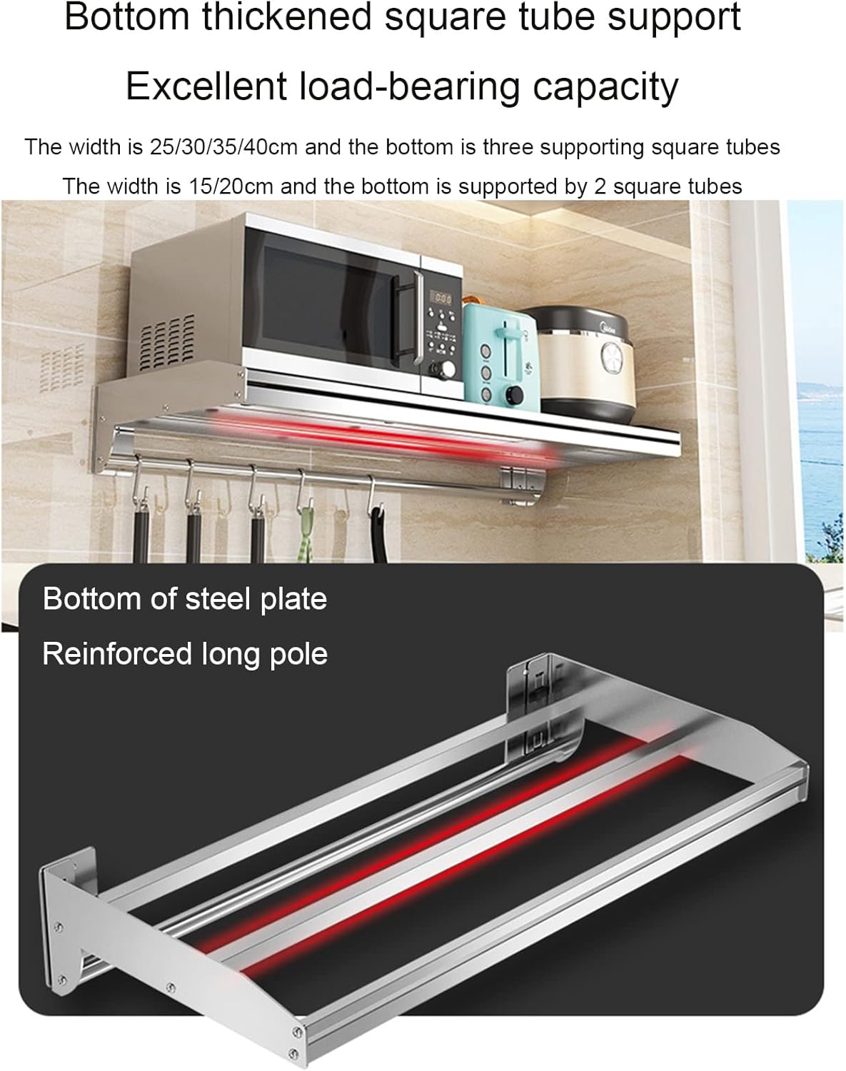 Stainless Steel Metal Shelving Microwave Oven Shelf, Wall Mount Multifunctional Shelving Stand Holder Kitchen Spice Rack, Bracket Bathroom Organizer Shower Caddy Storage, for Bar/Laundry/Garage