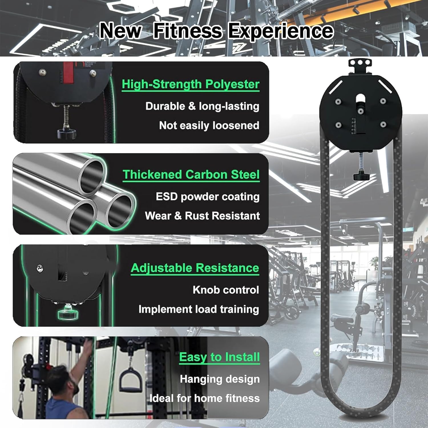 Mounted Endless Rope Pulley System, Steel Drum Mounts on Upright, Closed-Loop Nylon Rope, Home Gym Infinity Rope for Interval Resistance Training
