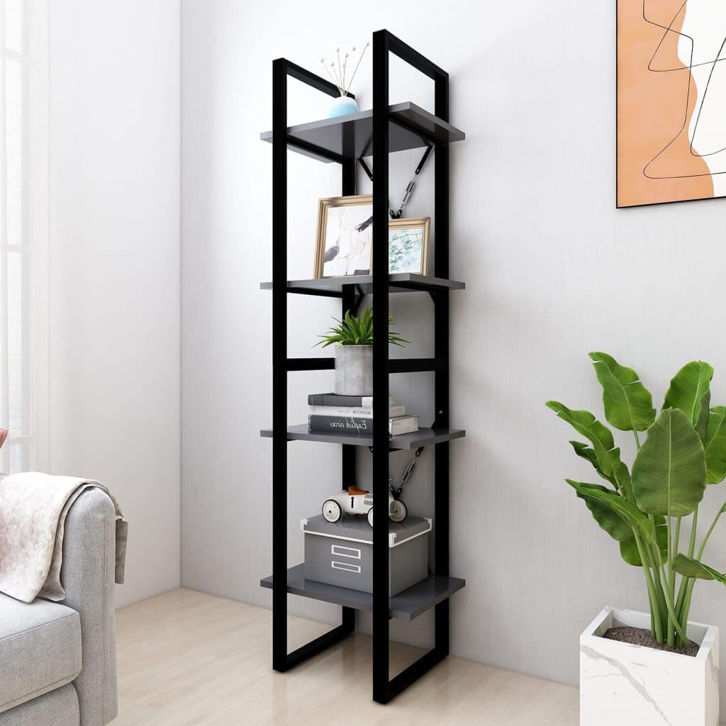 55 inch Tall Industrial Gray Bookcase Four Tier Large Engineered Wood Wall Mount Shelf 11.8 x 15.7 x 55.1 in Matte Modern Storage for Living Room Office Bedroom