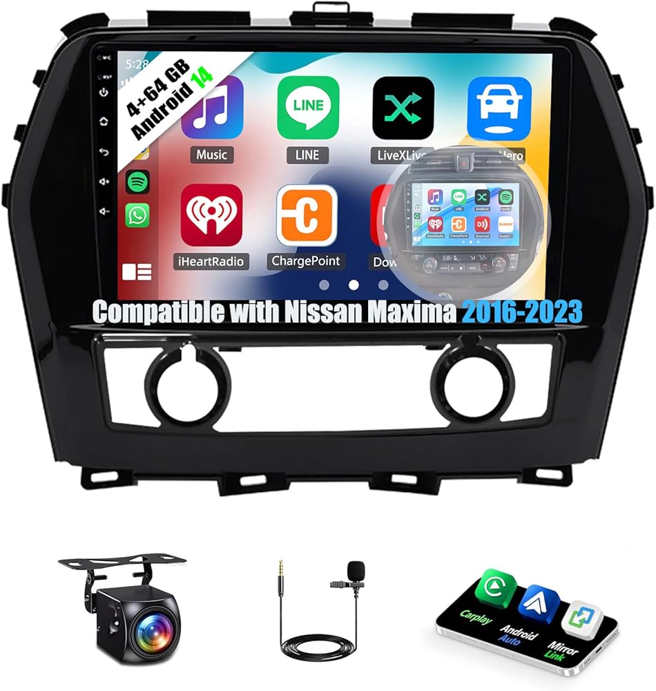 4+64G Car Stereo Fit for Nissan Maxima 2016-2023 Android 14 Radio Upgrade 10 Inch Touch Screen with Wireless Carplay Android Auto AHD Backup Camera Mirror Link GPS SWC WiFi FM