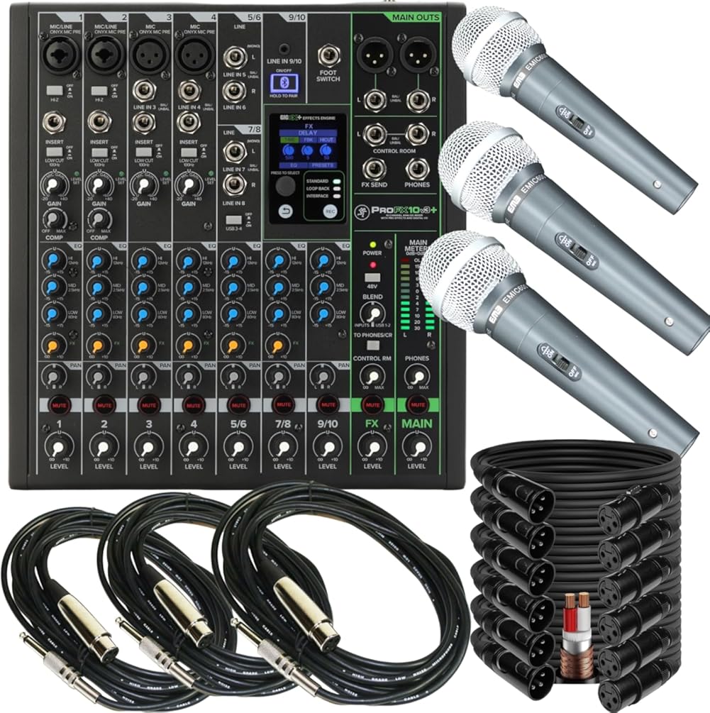Mackie ProFX10v3+ 10-Channel Unpowered Mixer w/USB Bluetooth & Effects, 3 EMB Mics, 6 EMB 15-foot XLR Cables, and 3 10-foot 1/4