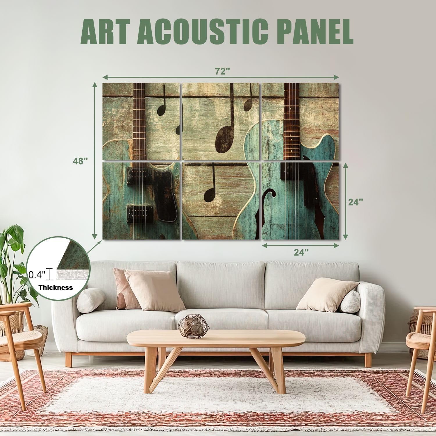 6 Pack Art Acoustic Panels Sound Absorbing Modern Blue Guitar Musical Themed Electric Guitars Notes Wooden Decorative Soundproof Wall Panels Self Adhesive for Recording Studios Office 72