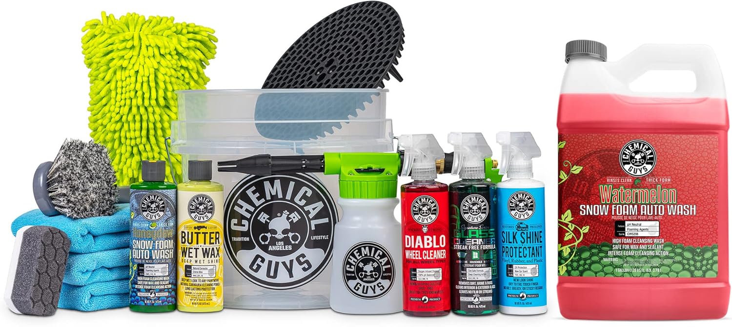 Chemical Guys CWS208CW 14-Piece Arsenal Builder Car Wash Kit W/Foam Gun, Bucket and (5) 16 oz Car Care Cleaning Chemicals (Works w/Garden Hose) with Watermelon Snow Foam Car Wash Soap, 128 oz