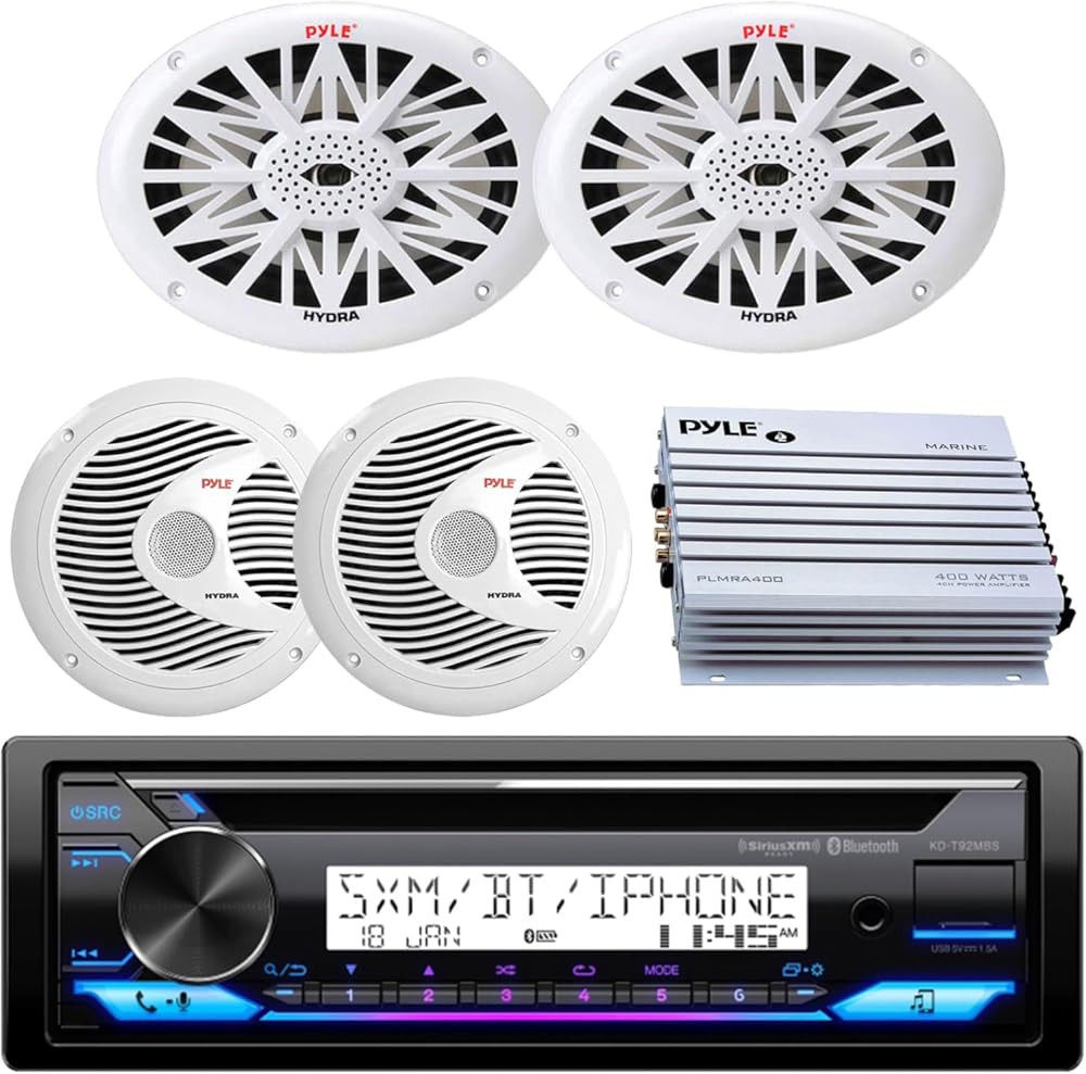 Single DIN Marine Bluetooth USB AUX AM/FM CD Stereo Receiver, 6.5'' 150 Watt Max 2 Way White Boat Speakers (Pair), 6x9