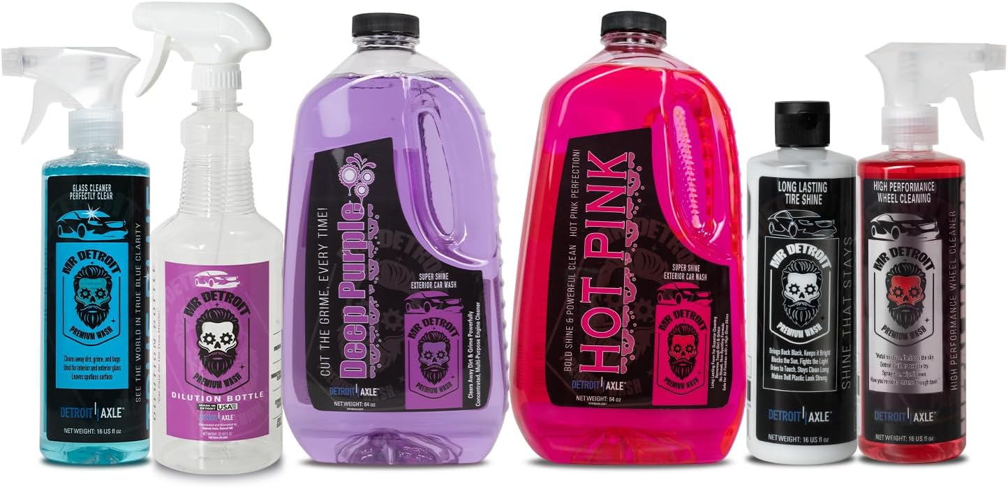 Mr. Detroit - 6pc Car Cleaning Kit, Degreaser, Dilution Bottle, Car Wash Soap, Glass Cleaner with Sprayer, Wheel Cleaner, Tire Shine, Professional Grade Formula, Effective Dirt Removal