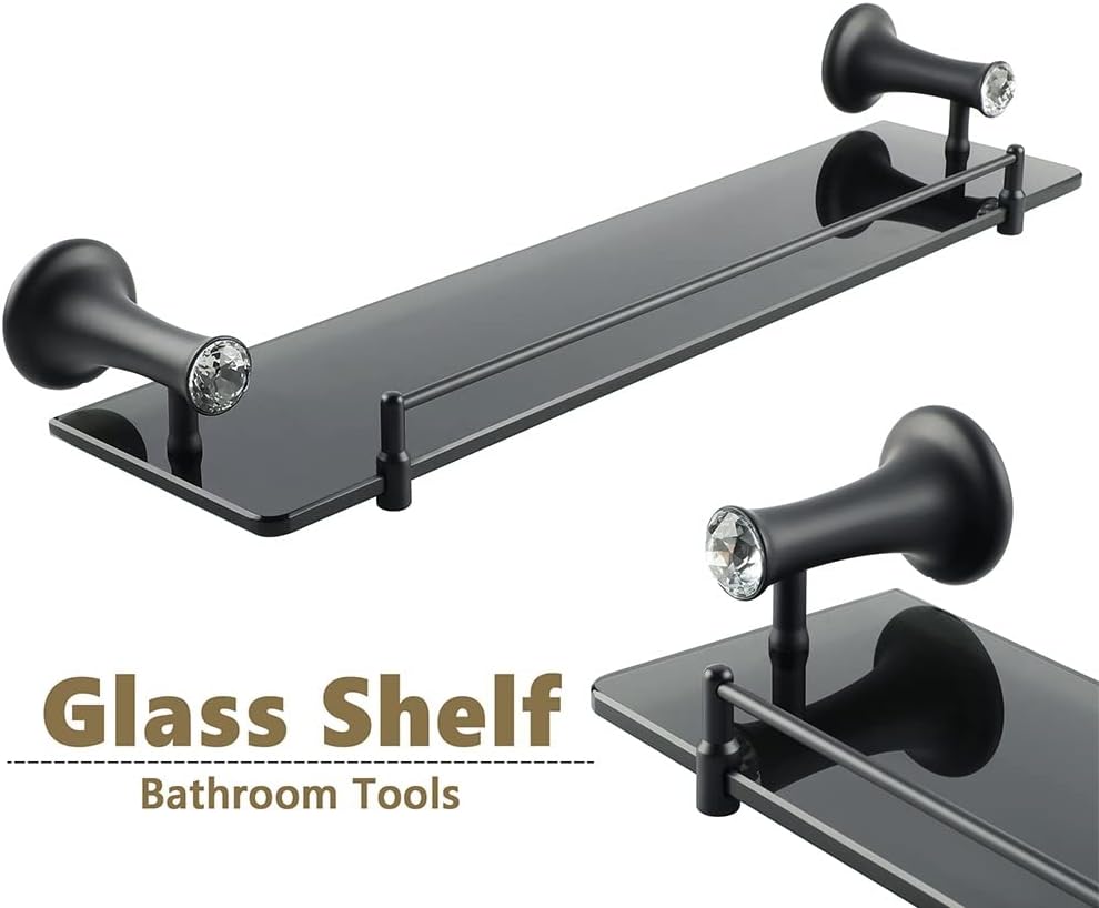 Shower Caddy 50cm Bathroom Glass Shelf, Bath Shower Shelf Holder, Single Layer Glass Storage Rack, Wall Mount with Crystal Head Bathroom Shelves Bathroom Organizer (Color : Matte Black)