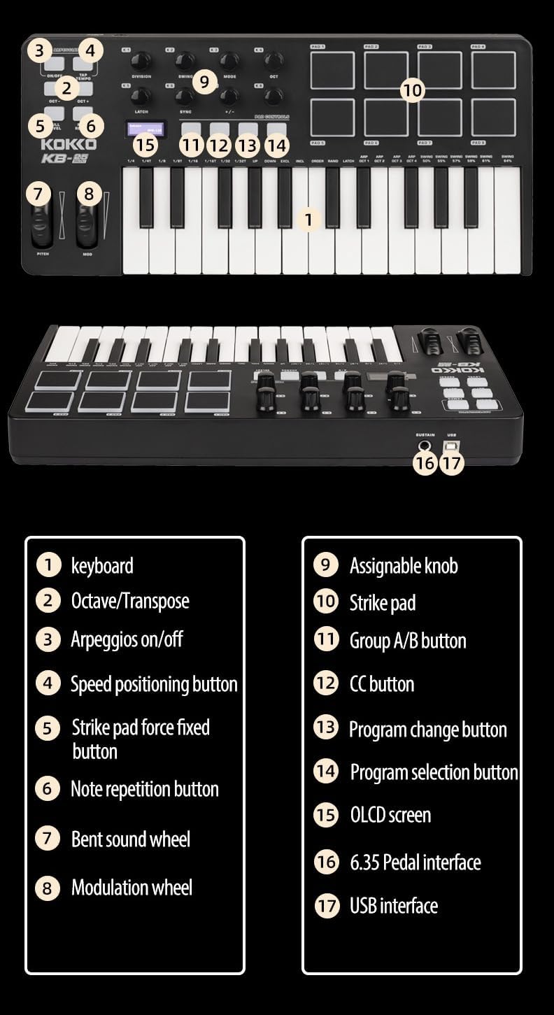 KOKKO MIDI Controller Keyboard, Mini 25 Key With 8 Backlit Drum Pads, 8 Knobs and Pitch Bend Wheel, Modulation Wheel for Music Production, Cubase LE Software Included