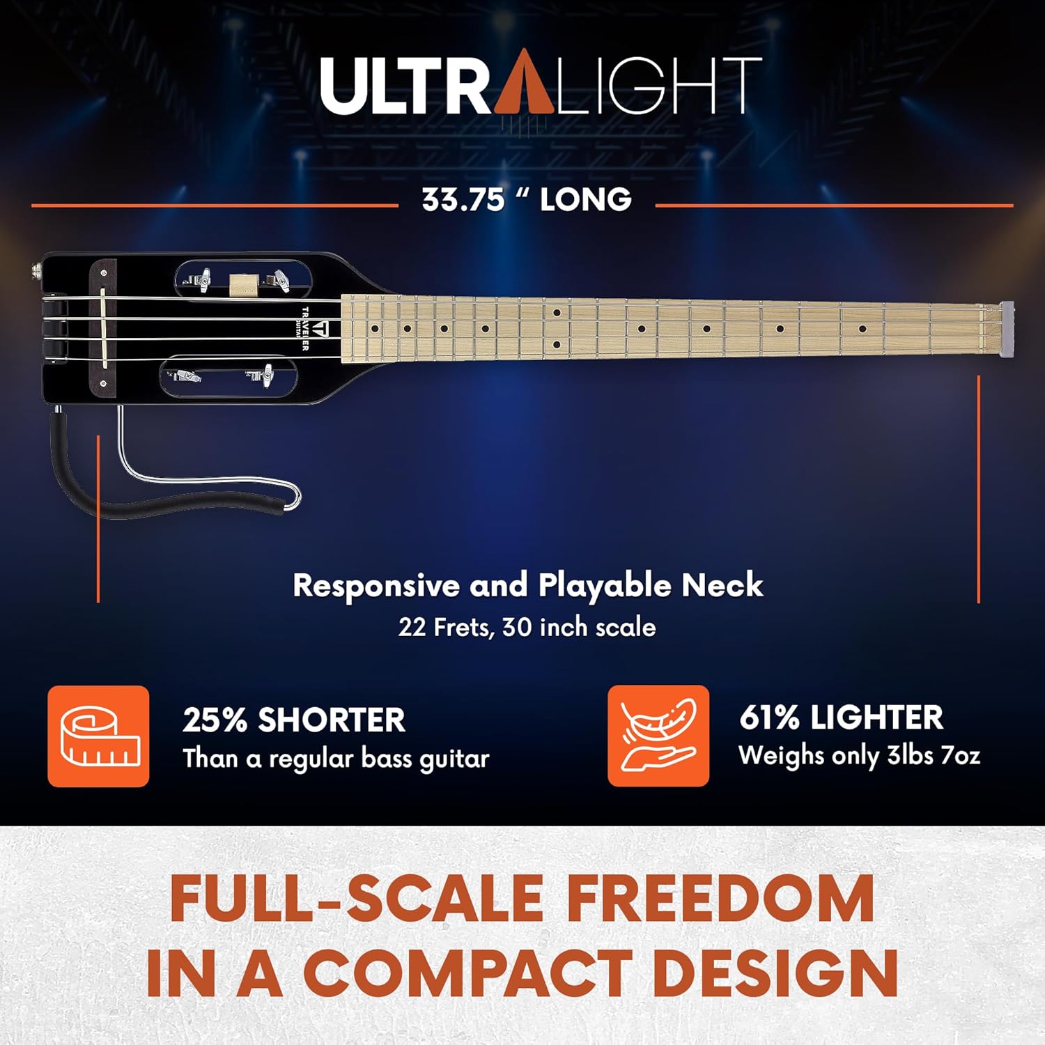 Traveler Guitar Ultra-Light Gloss Black Bass Guitar | Small Bass Travel Guitar with Removable Lap Rest | 30