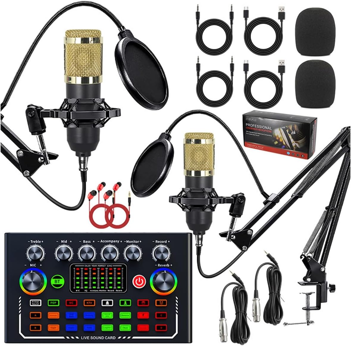Music Studio Equipment for 2, Podcast Equipment Bundle with Condenser Microphone, One Click Intelligent Noise Reduction, High Medium and Low Tone Adjustment, for Recording, Singing and Gaming(Gold)