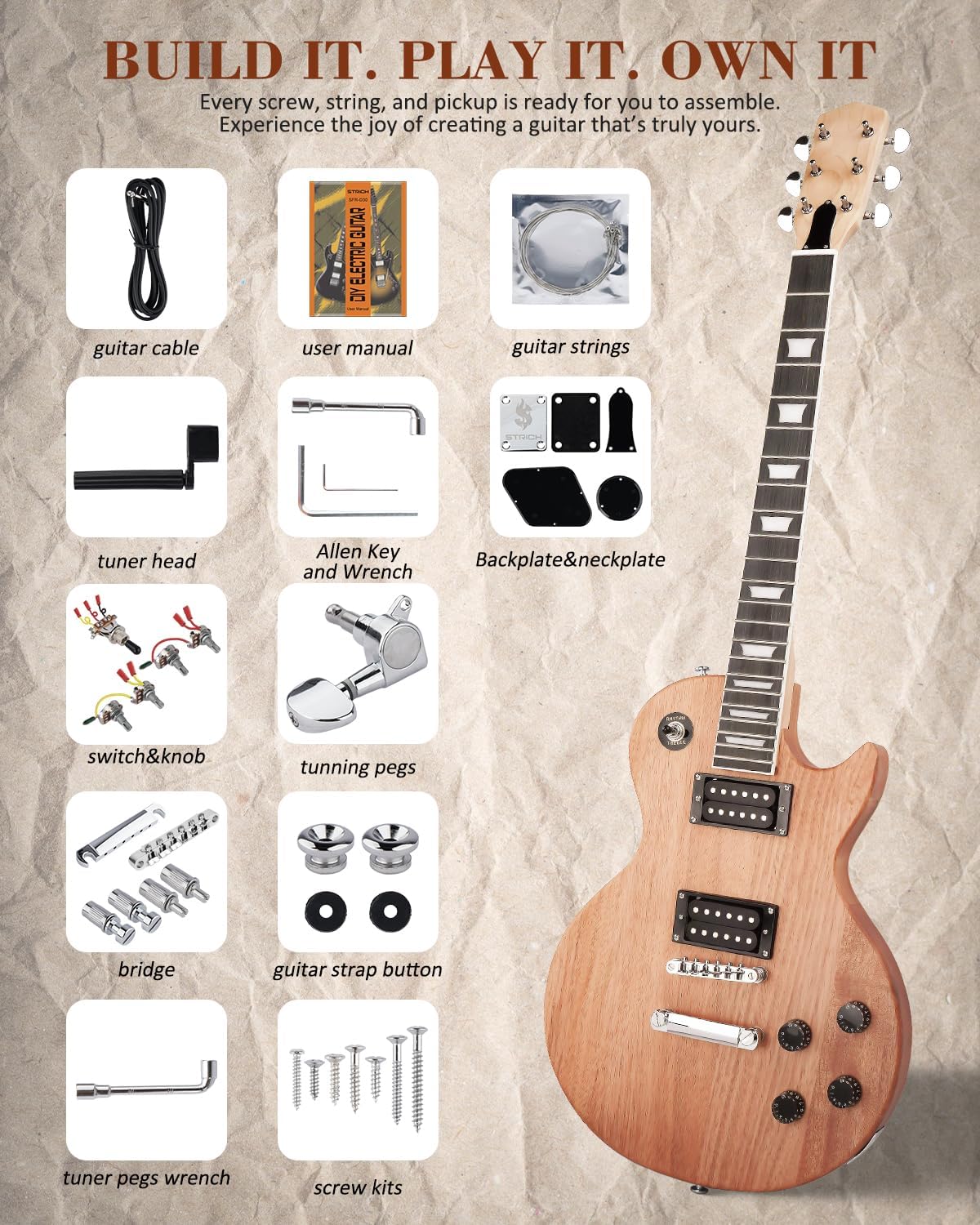 STRICH DIY Electric Guitar Kit, LP Style Mahogany Body & Maple Neck Guitar with HH Pickups, Easy to Assemble Kit with All Parts Included – Build Your Own Electric Guitar SLP-D30