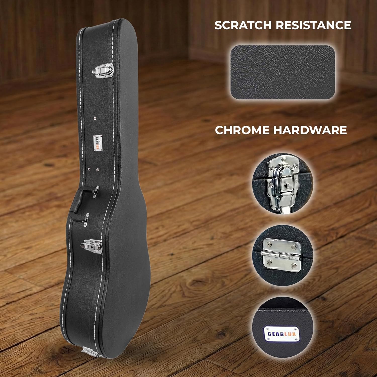 Gearlux Dreadnought Acoustic Guitar Hardshell Case with Accessory Compartment - Black