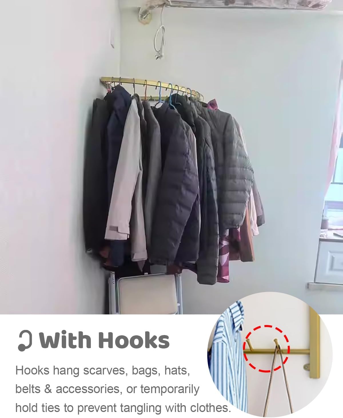 Corner Wardrobe Closet Bracket for Room, Corner 90 Degree Support Bracket for Round Closet Rods, Nursery Organization Clothes Holders Rack(Gold,50cm(19.7