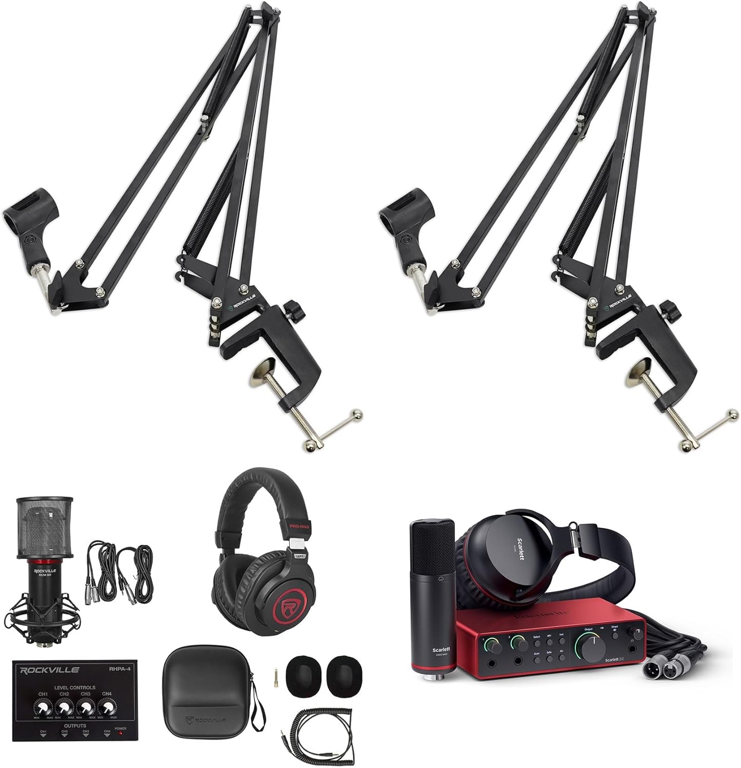 Audiosavings Bundle: Focusrite Scarlett 2i2 Studio 4th Gen Recording Interface Bundle with Rockville RHPA4 4 Ch Headphone Amp+RCM SR Microphone+PRO-M50 SR Headphone+(2) DMS40 40