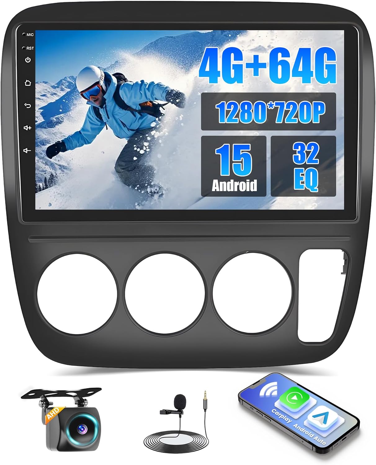 4+64G Car Radio for Honda CRV 1997-2001 (Manual A/C) with Wireless CarPlay Android Auto, 9 Inch Android Touchscreen for CRV Car Stereo, Bluetooth 5.0, FM/RDS, 32EQ, GPS, WiFi, UI, AHD Backup Camera
