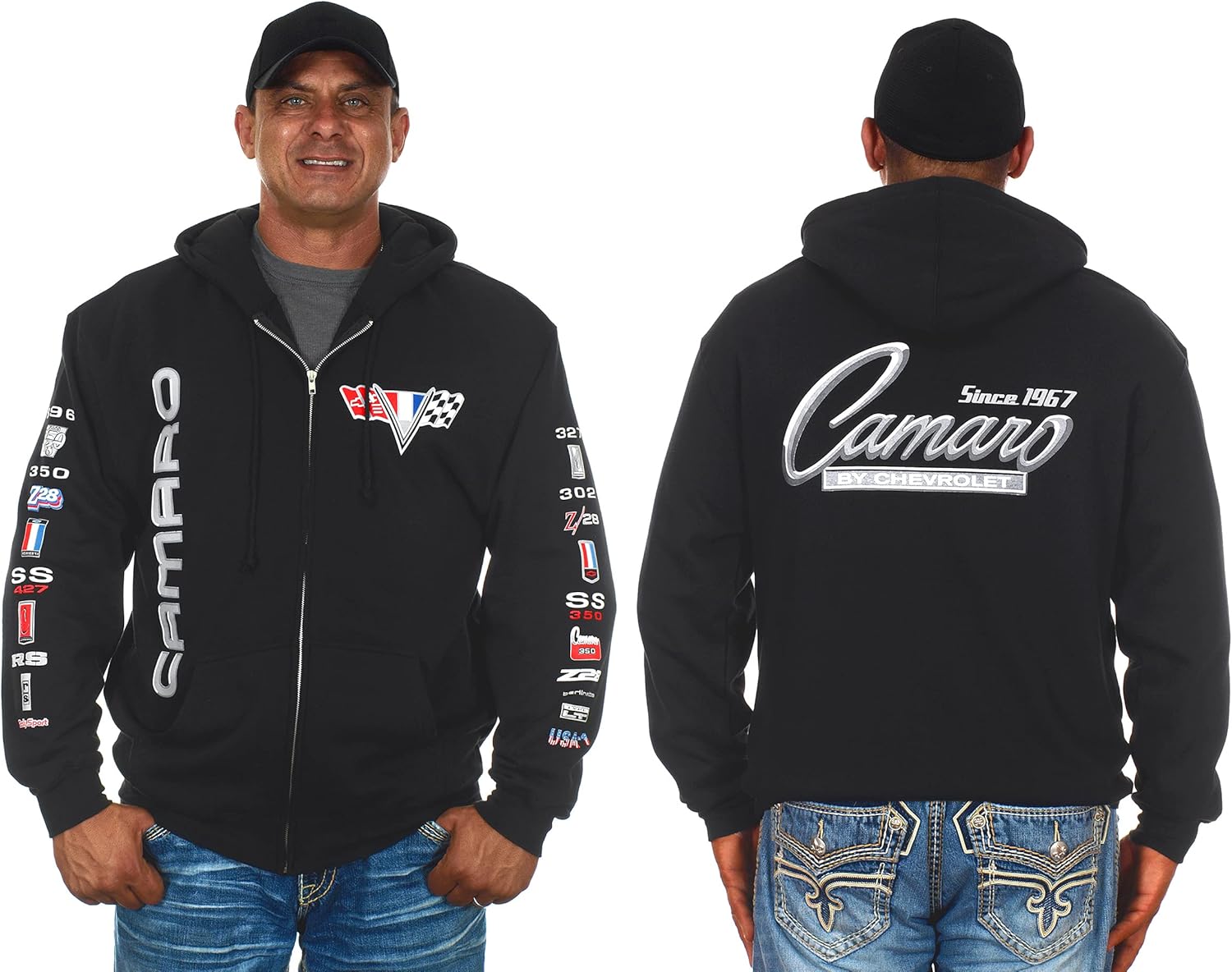 JH Design Men's Chevy Camaro Zip Up Hoodie Black Sweatshirt All Over Print Sm-3x