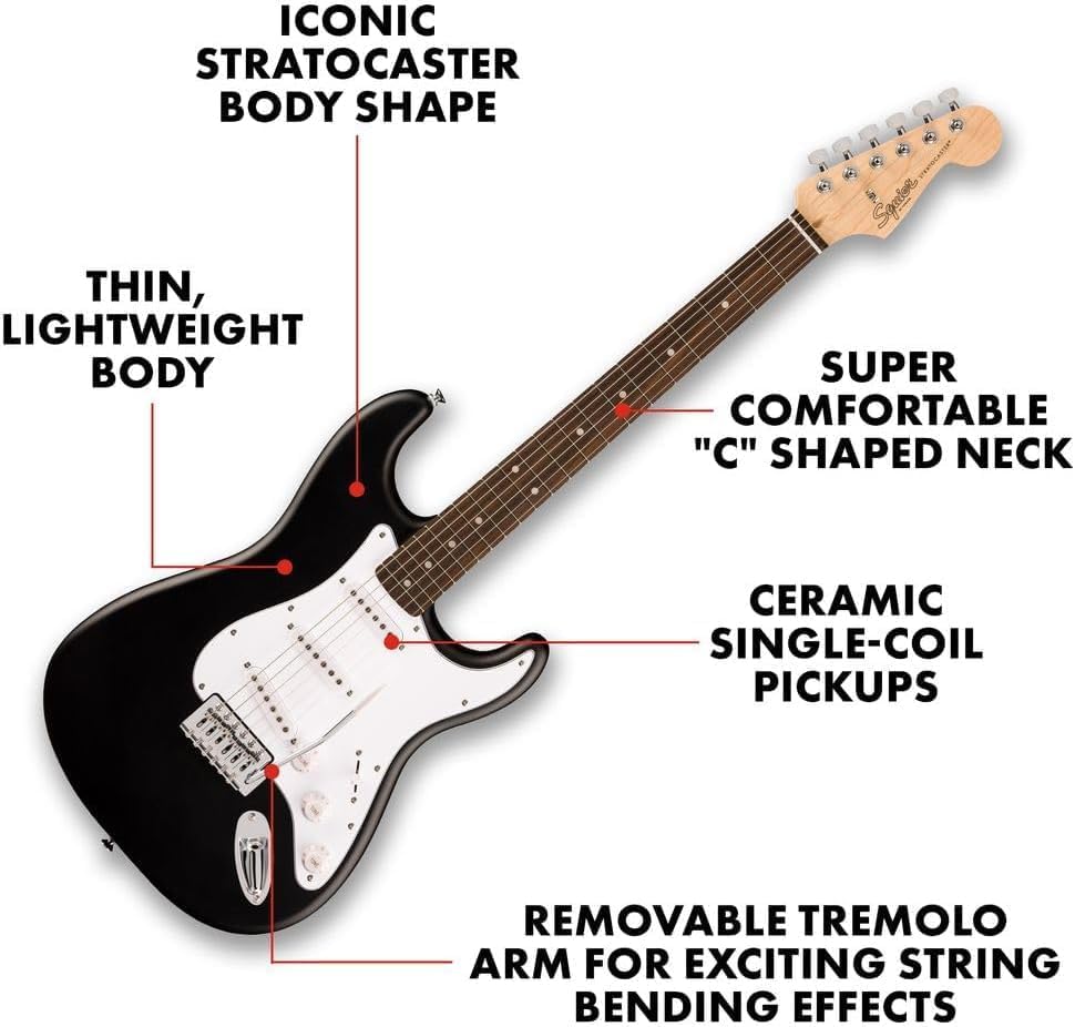 Fender Squier Debut Series Stratocaster Electric Guitar, Beginner Guitar, Black with Matte Finish + Fender Mustang Micro Headphone Amplifier