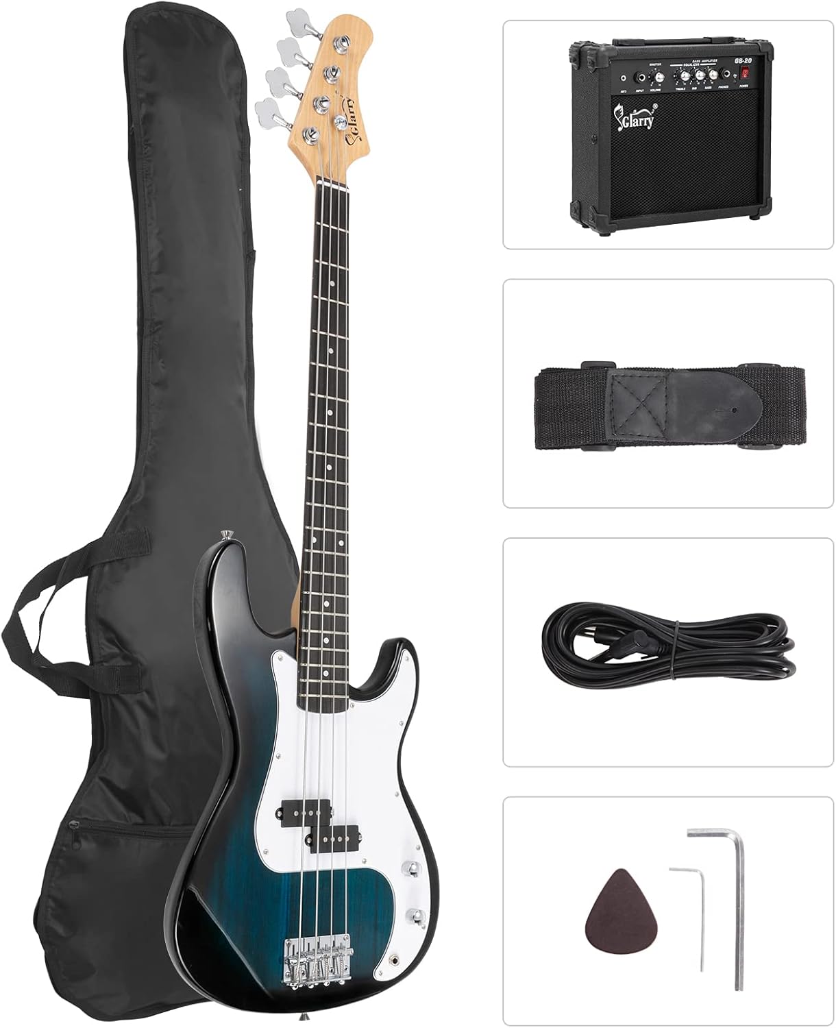 GLARRY Full Size Electric Bass Guitar Beginner Kit 4 String Exquisite Basswood Bass with 20W AMP, Cable, Strap, Bag and Accessories (Dark Blue, 39