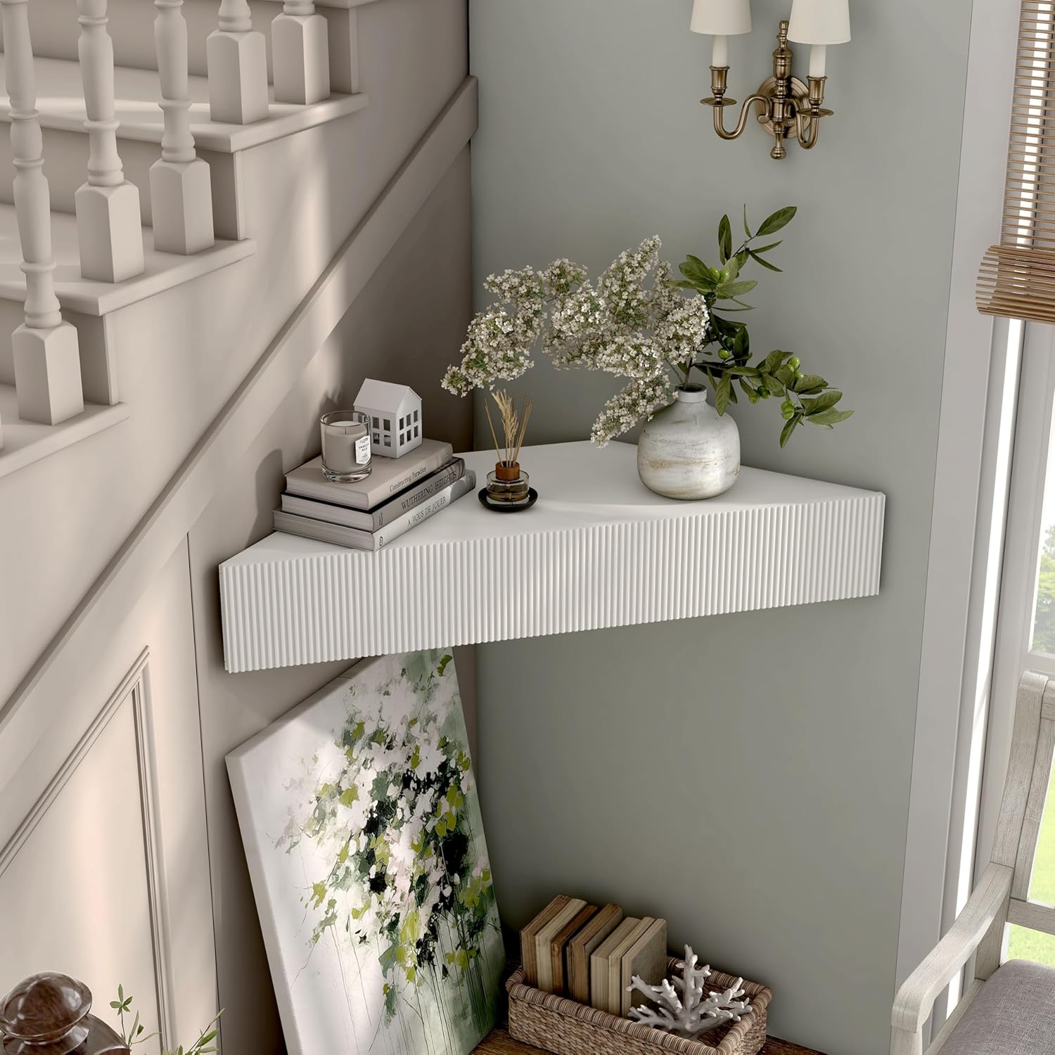 24/7 Shop at Home French 47 inch Modern Floating TV Console Table with 3D Wavy Panel Door, Wood Entertainment Center with Storage Space, Wall Corner Shelf for Living Room, Bedroom, Office, White Pure