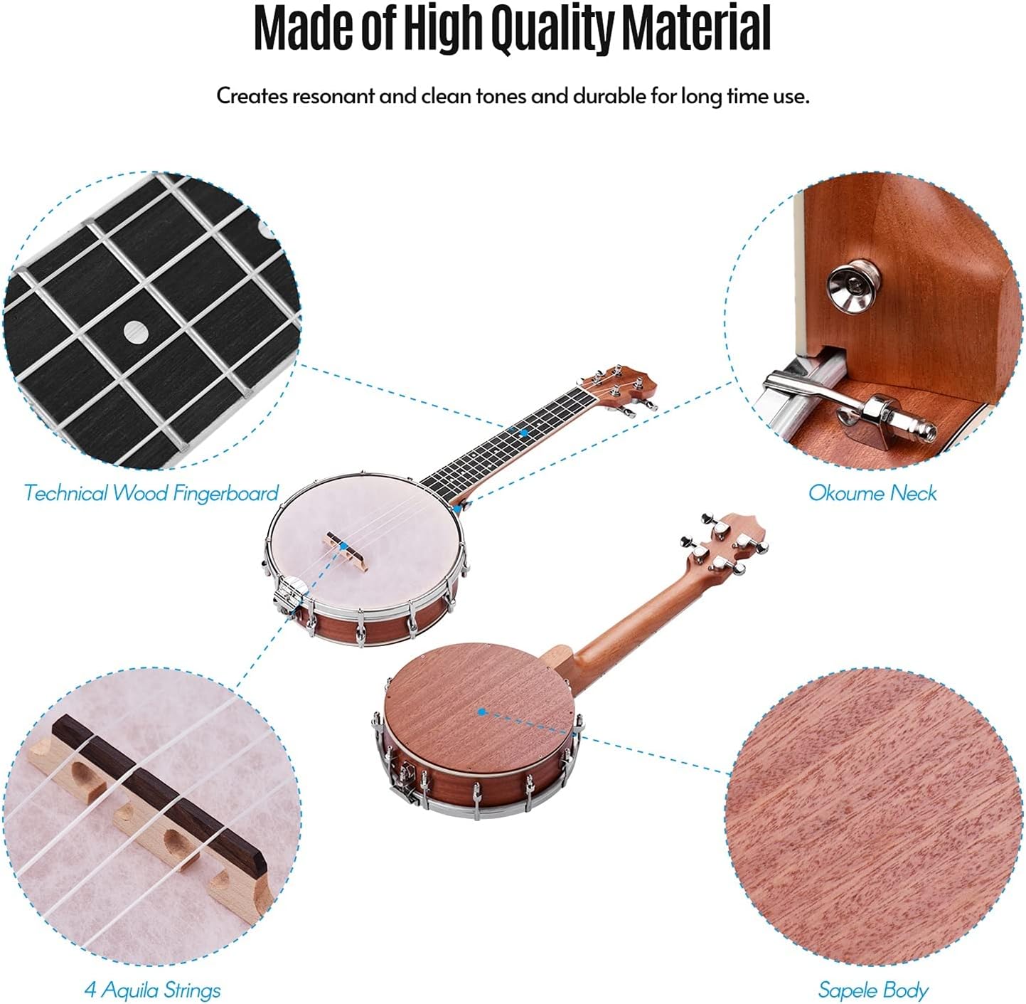 Children Ukulele 23-inch Open Banjo 4 String Banjo Maple Body Ogome Neckband Tuning Wrench Bridge (Color : Tan)