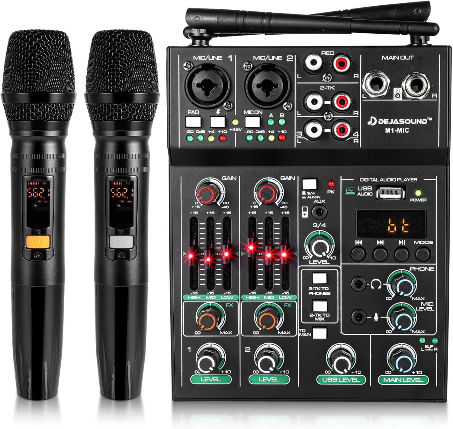 Pro 5 Channel Audio Mixer Mic Set for Live Streaming, Family Karaoke, Studio Recording, Bluetooth Dual Wireless Microphone System with USB Interface & 48V Phantom Power