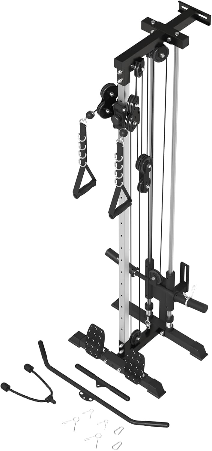 ER Kang Cable Station Wall Mount, 18in Pulley Tower, Dual Pulley System, High & Low Cable Machine, LAT Pull-Down & Row Tower with Flip-Up Footplate, Home Gym Cable Crossover, Black